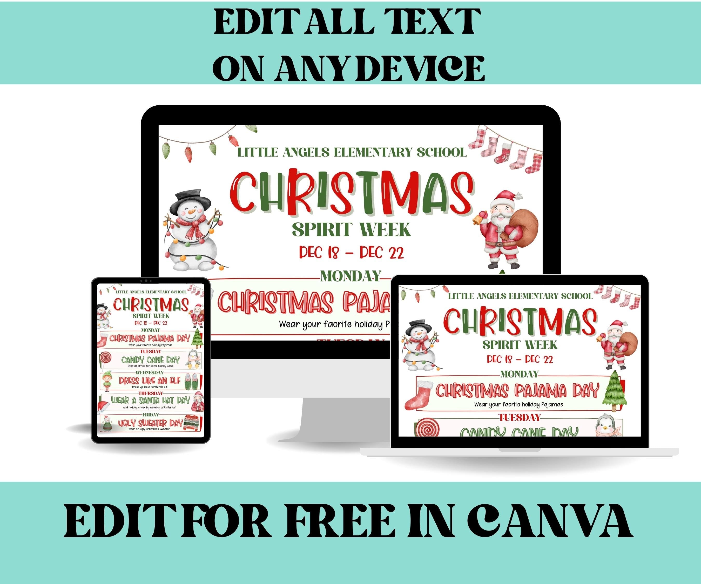 Customizable Holiday School Spirit Week Flyer, PTO Schedule, December Itinerary, Xmas PTA, Editable in Canva, Christmas Newsletter, Events-Christmas -TheHustlingCatLady-Party Games