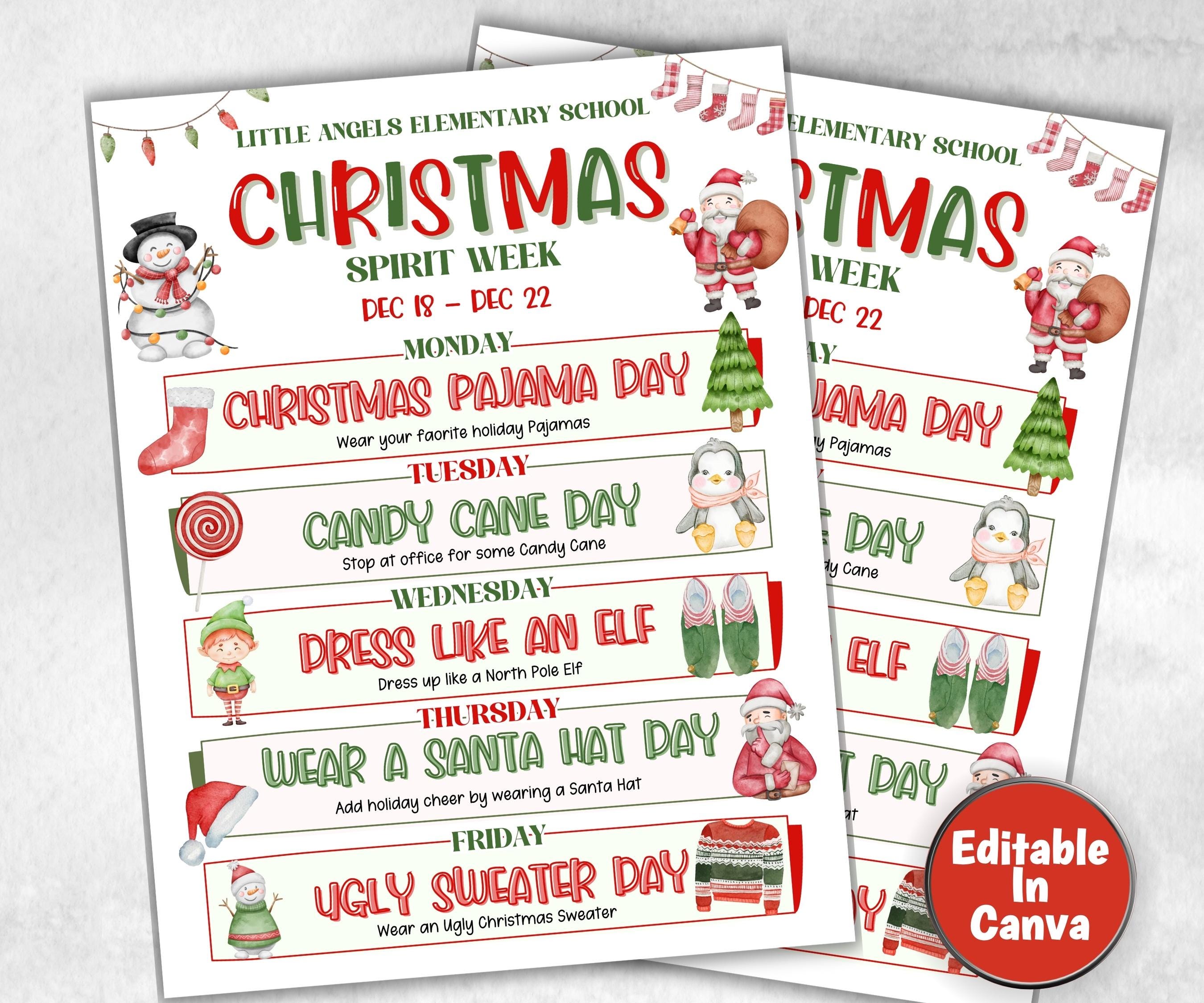 Customizable Holiday School Spirit Week Flyer, PTO Schedule, December Itinerary, Xmas PTA, Editable in Canva, Christmas Newsletter, Events-Christmas -TheHustlingCatLady-Party Games