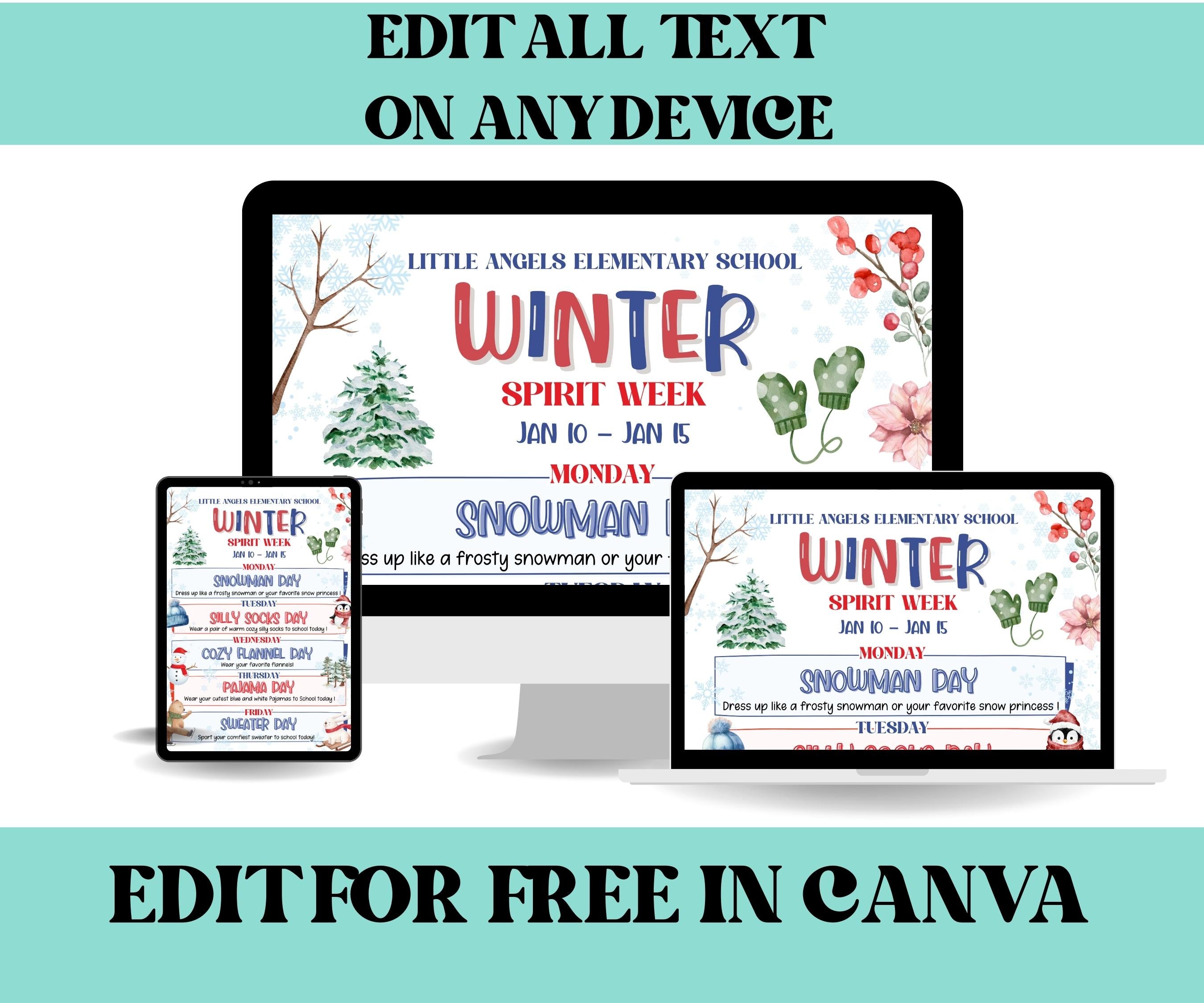 Customizable Winter School Spirit Week Flyer, PTO Schedule, December Itinerary, Xmas PTA, Editable in Canva, Christmas Newsletter, Events-Back To School -TheHustlingCatLady-Party Games