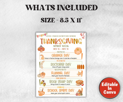 Customizable Thanksgiving School Spirit Week Flyer, PTO Schedule, November Itinerary, Fall PTA, Editable in Canva, Thanksgiving Events-Thanksgiving -TheHustlingCatLady-Party Games