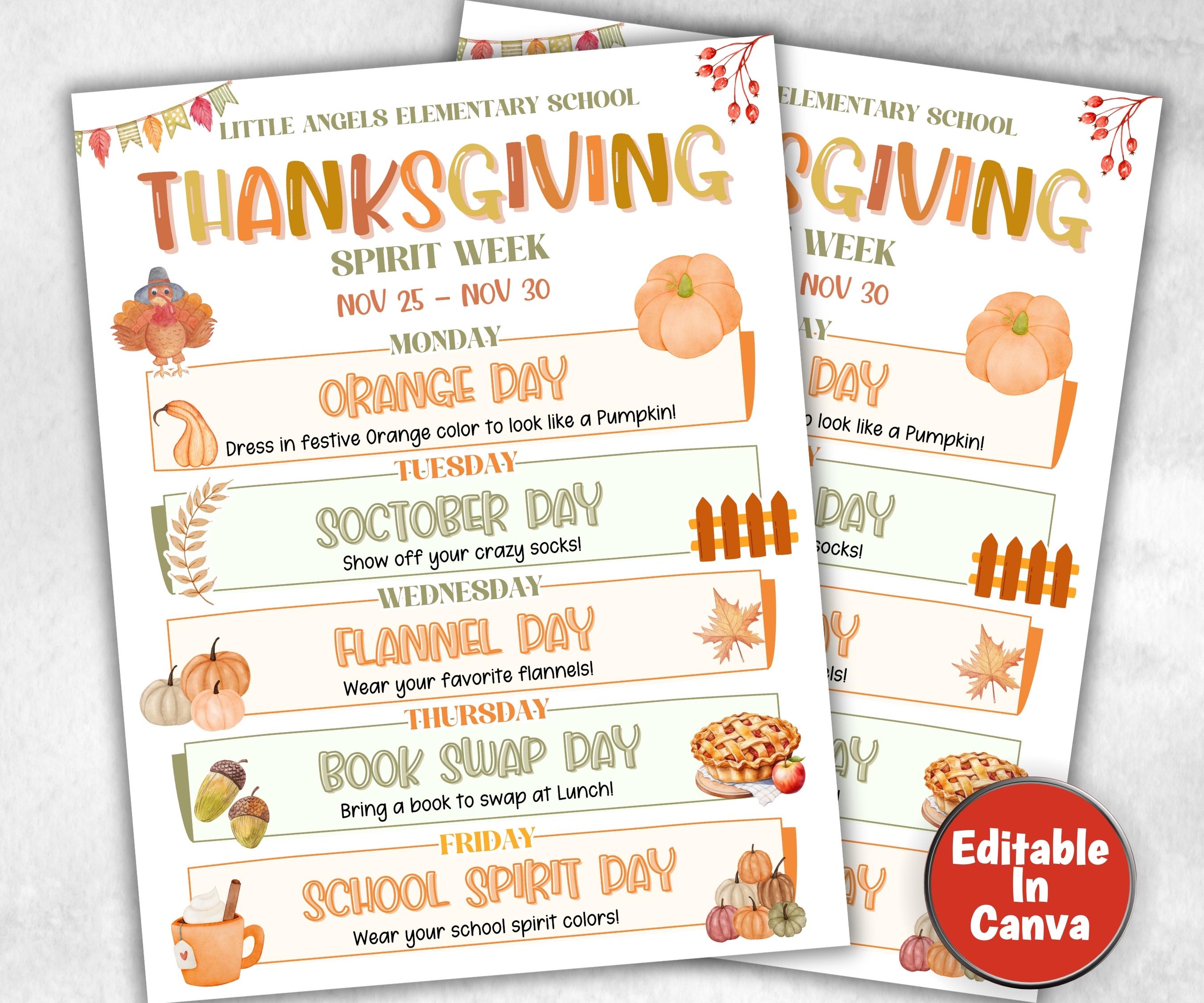 Customizable Thanksgiving School Spirit Week Flyer, PTO Schedule, November Itinerary, Fall PTA, Editable in Canva, Thanksgiving Events-Thanksgiving -TheHustlingCatLady-Party Games