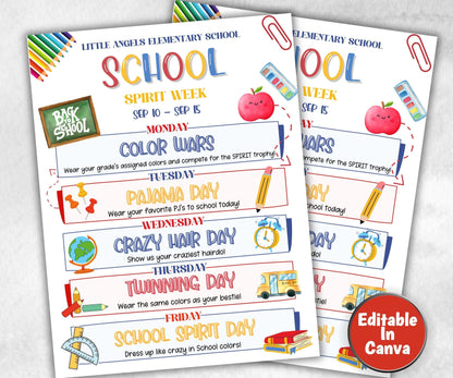 Customizable Back To School Spirit Week Flyer, PTO Schedule, Weekly Itinerary, School PTA, Editable in Canva, Classroom Newsletter, Events-Back To School -TheHustlingCatLady-Party Games