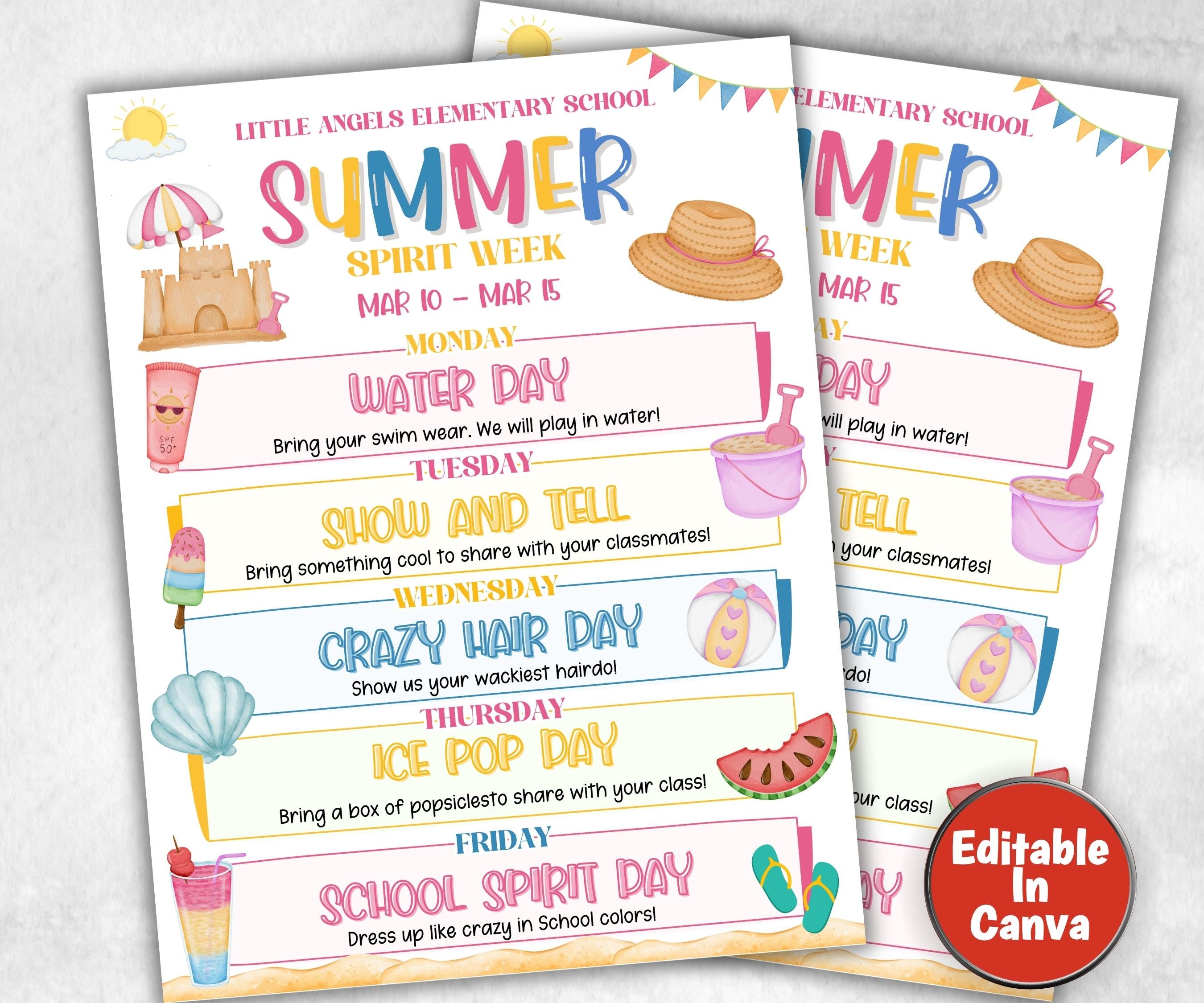 Customizable Summer School Spirit Week Flyer, PTO Schedule, Summer Itinerary, Summer PTA, Editable in Canva, School Summer Newsletter Events-Back To School -TheHustlingCatLady-Party Games