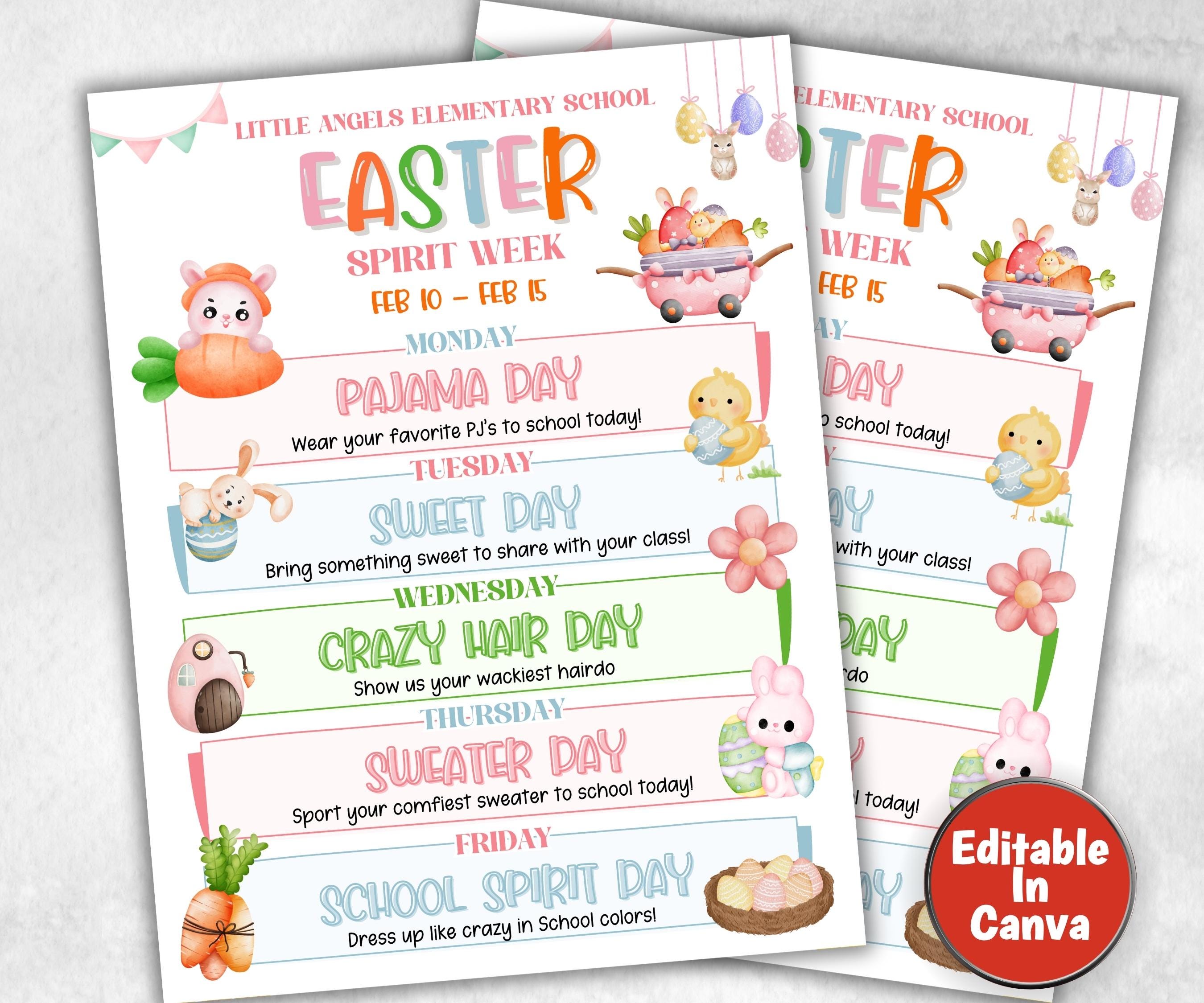 Customizable Easter School Spirit Week Flyer, PTO Schedule, April Easter Itinerary, Easter PTA, Editable in Canva, Easter Newsletter Events-Easter Printables -TheHustlingCatLady-Party Games