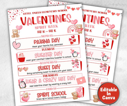 Customizable Valentine's School Spirit Week Flyer, PTO Schedule, February Itinerary, February PTA, Editable in Canva, Newsletter, Events-Valentine&#39;s Day -TheHustlingCatLady-Party Games