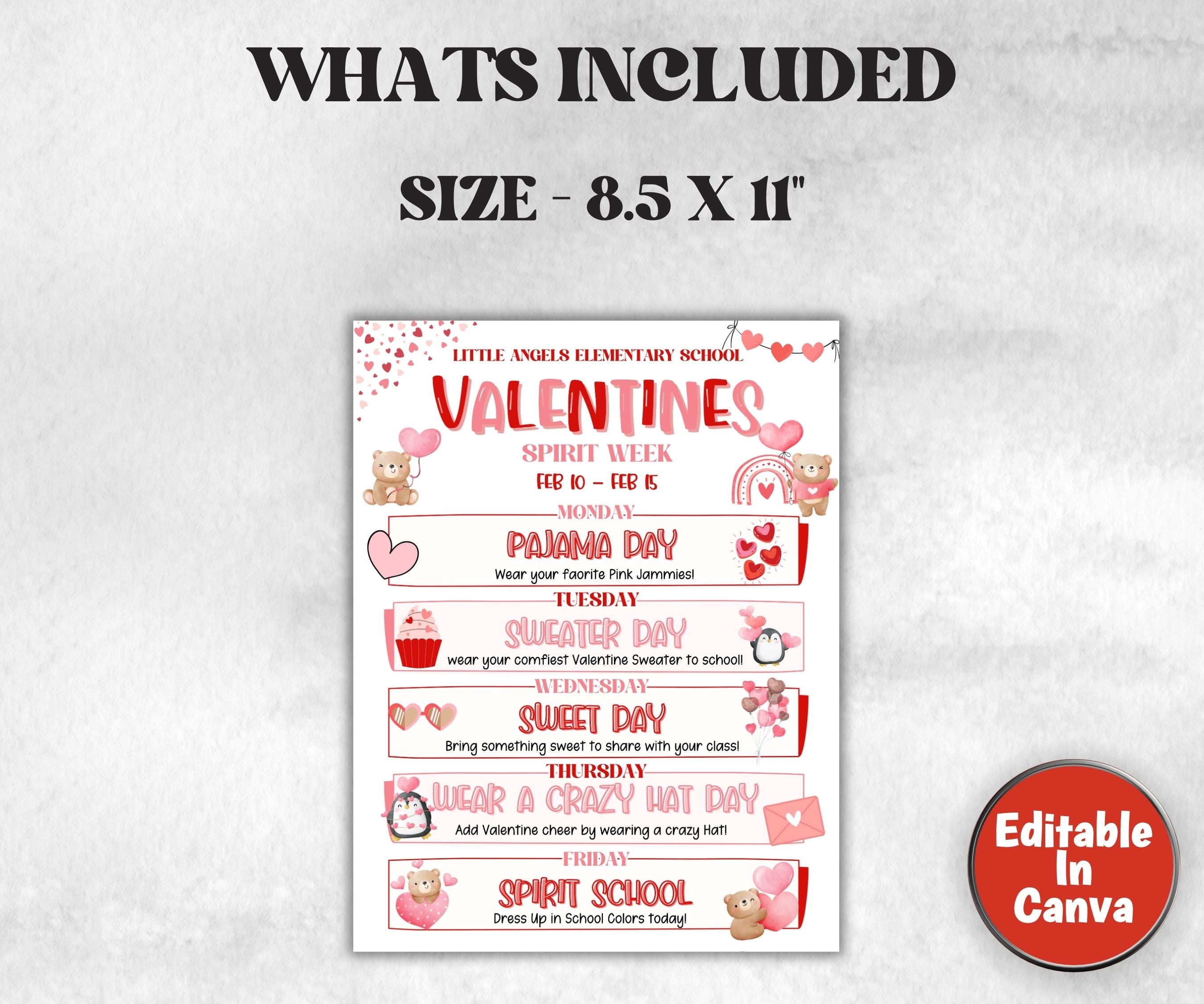 Customizable Valentine's School Spirit Week Flyer, PTO Schedule, February Itinerary, February PTA, Editable in Canva, Newsletter, Events-Valentine&#39;s Day -TheHustlingCatLady-Party Games