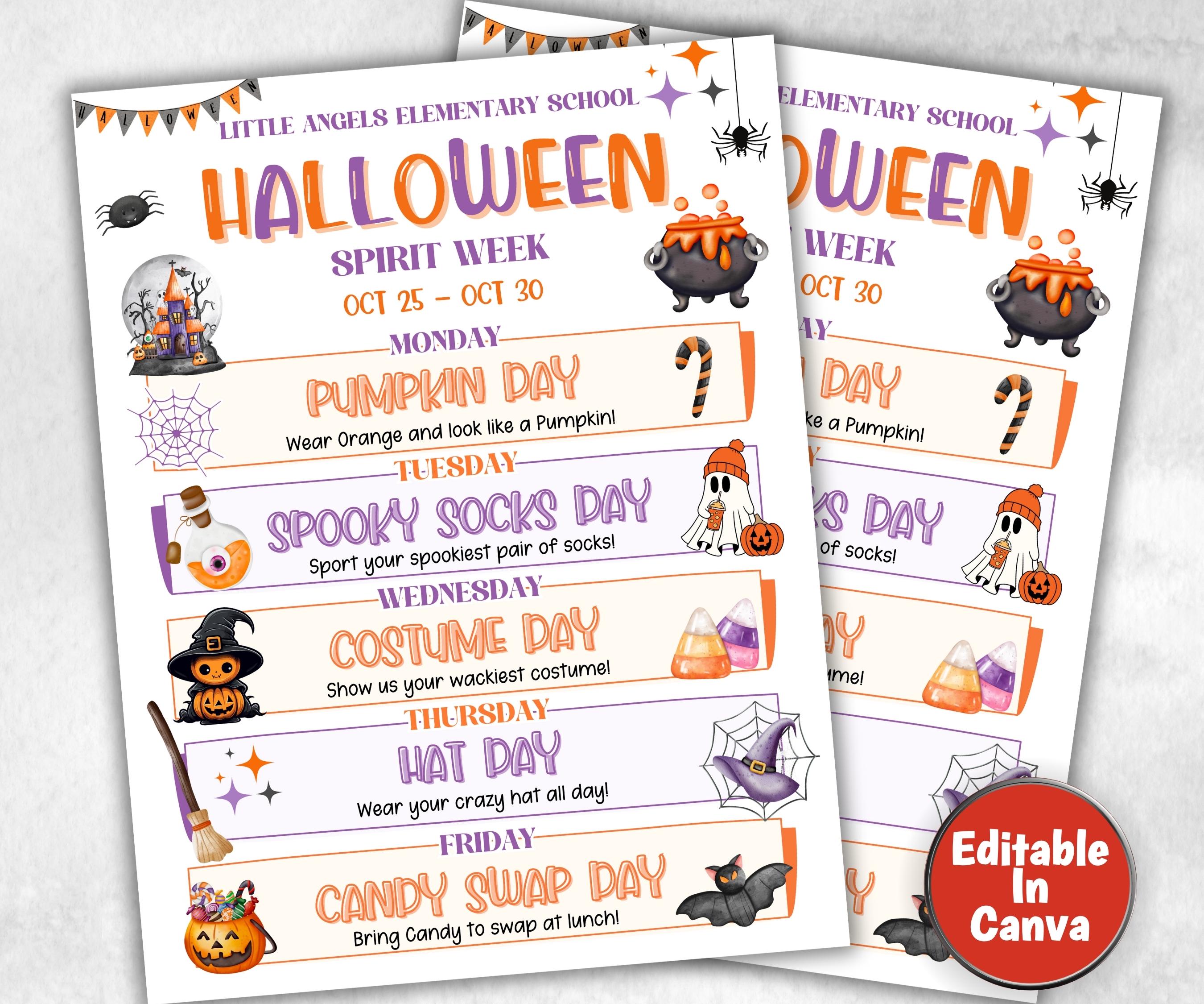 Customizable Halloween School Spirit Week Flyer, PTO Schedule, October Itinerary, Halloween PTA, Editable in Canva, Newsletter, Events-Back To School -TheHustlingCatLady-Party Games