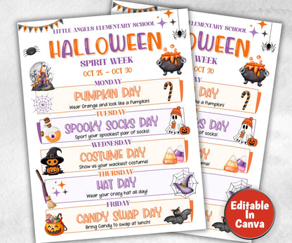 Customizable Halloween School Spirit Week Flyer, PTO Schedule, October Itinerary, Halloween PTA, Editable in Canva, Newsletter, Events-Back To School -TheHustlingCatLady-Party Games