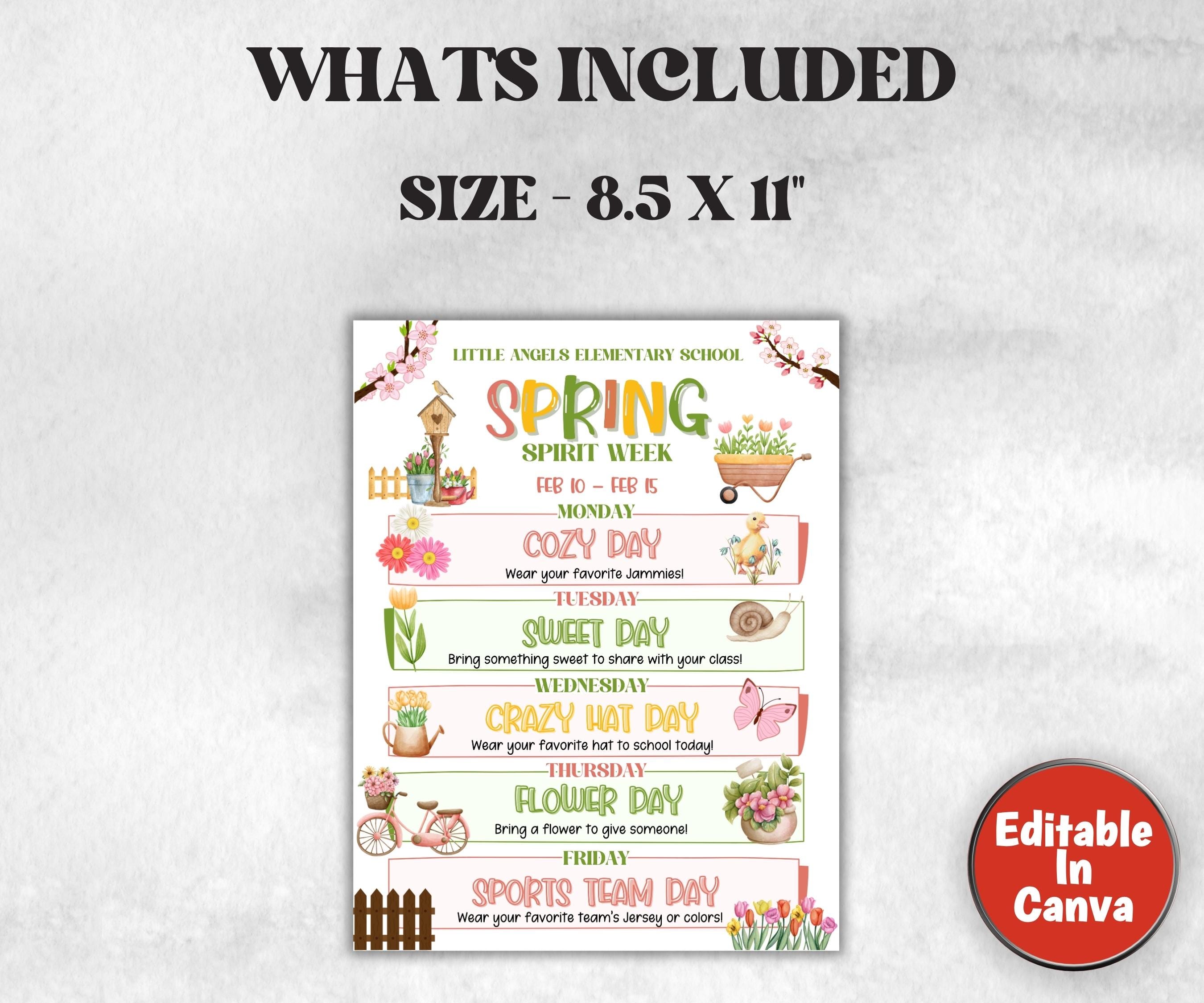 Customizable Spring School Spirit Week Flyer, PTO Schedule, April Itinerary, Spring PTA, Editable in Canva, Spring Newsletter, Events-Back To School -TheHustlingCatLady-Party Games