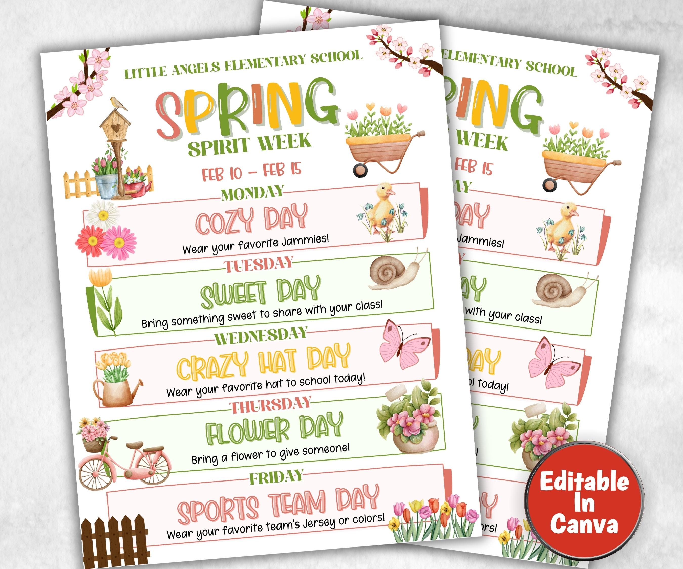 Customizable Spring School Spirit Week Flyer, PTO Schedule, April Itinerary, Spring PTA, Editable in Canva, Spring Newsletter, Events-Back To School -TheHustlingCatLady-Party Games