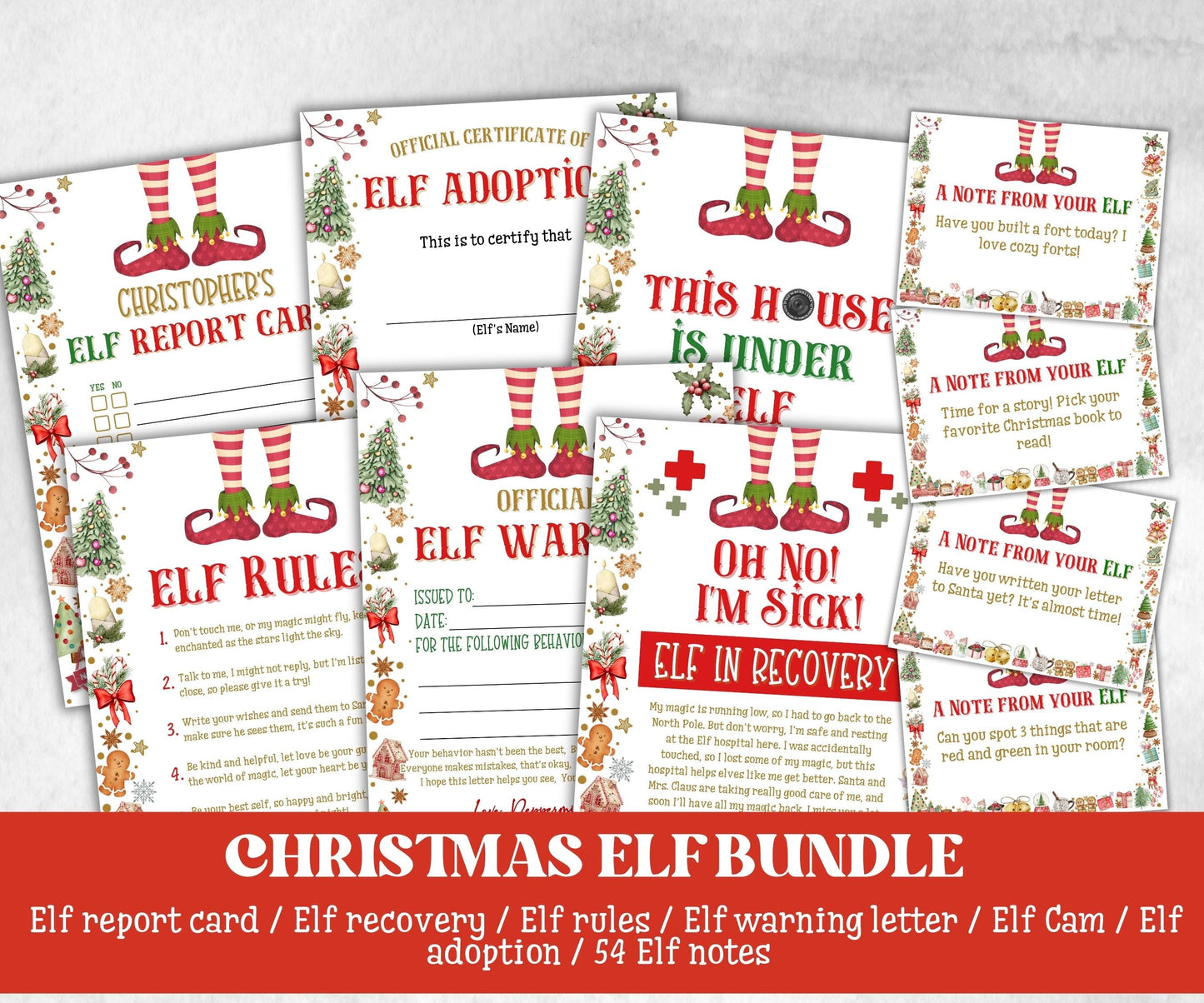 Christmas Elf Cam Bundle , Elf Rules, Elf Kit, Official Elf warning, Elf Notes, Elf Calendar, Elf Report Card, Elf Adoption Certificate-Christmas -TheHustlingCatLady-Templates