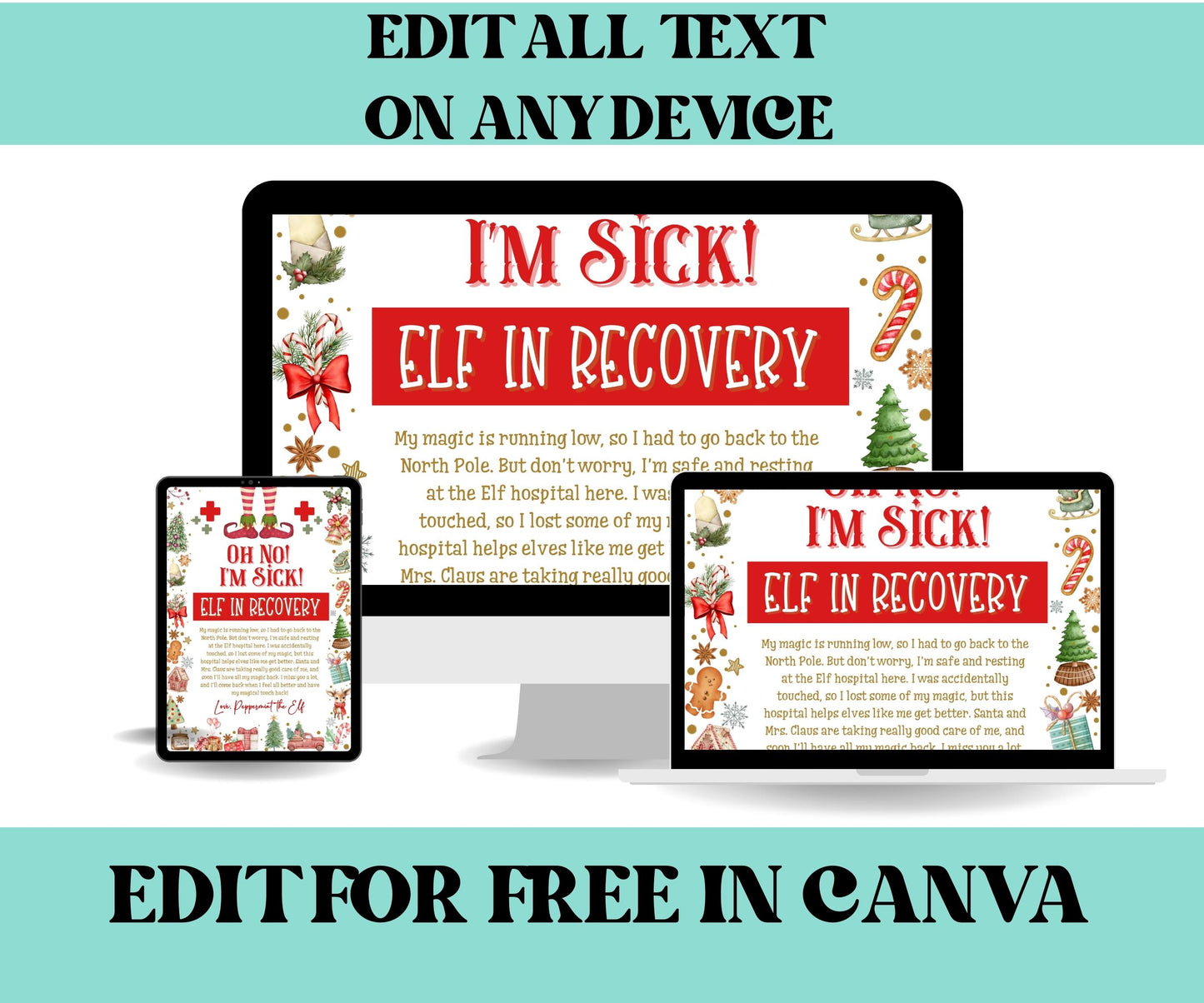 Editable Elf Recovery Letter, Oh No I’m Sick Editable, Kids Elf Printable, Elf Arrival Note, Don’t Touch the Elf, Elf Idea Activities, sick-Christmas -TheHustlingCatLady-Templates