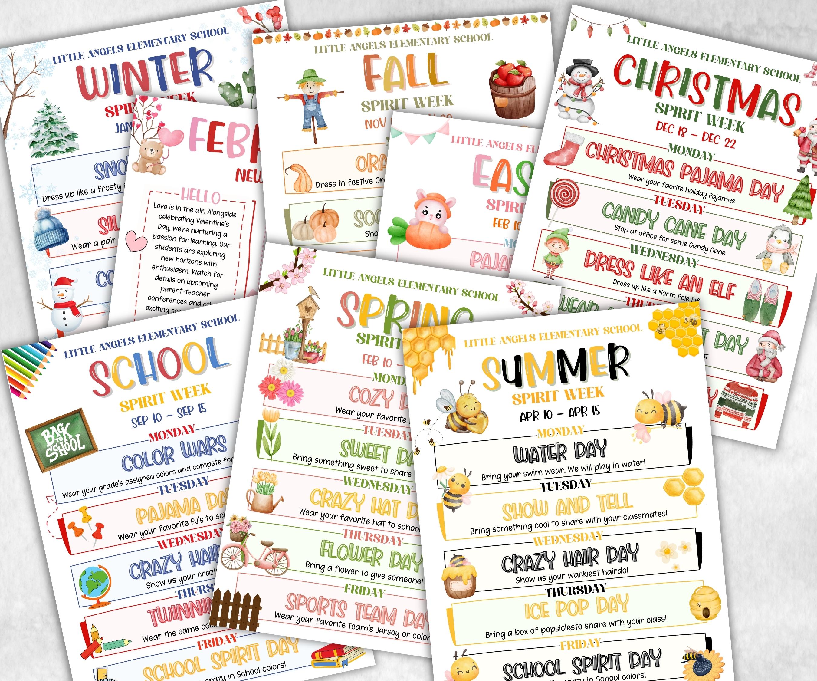 Editable Seasonal School Spirit Week Flyer, PTA Schedule, Monthly Itinerary, Classroom PTA, Canva, Classroom Newsletter, School Events-Back To School -TheHustlingCatLady-Party Games