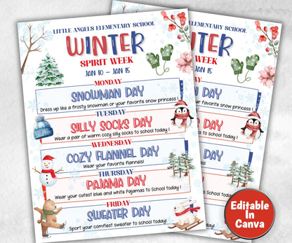 Customizable Winter School Spirit Week Flyer, PTO Schedule, December Itinerary, Xmas PTA, Editable in Canva, Christmas Newsletter, Events-Back To School -TheHustlingCatLady-Party Games