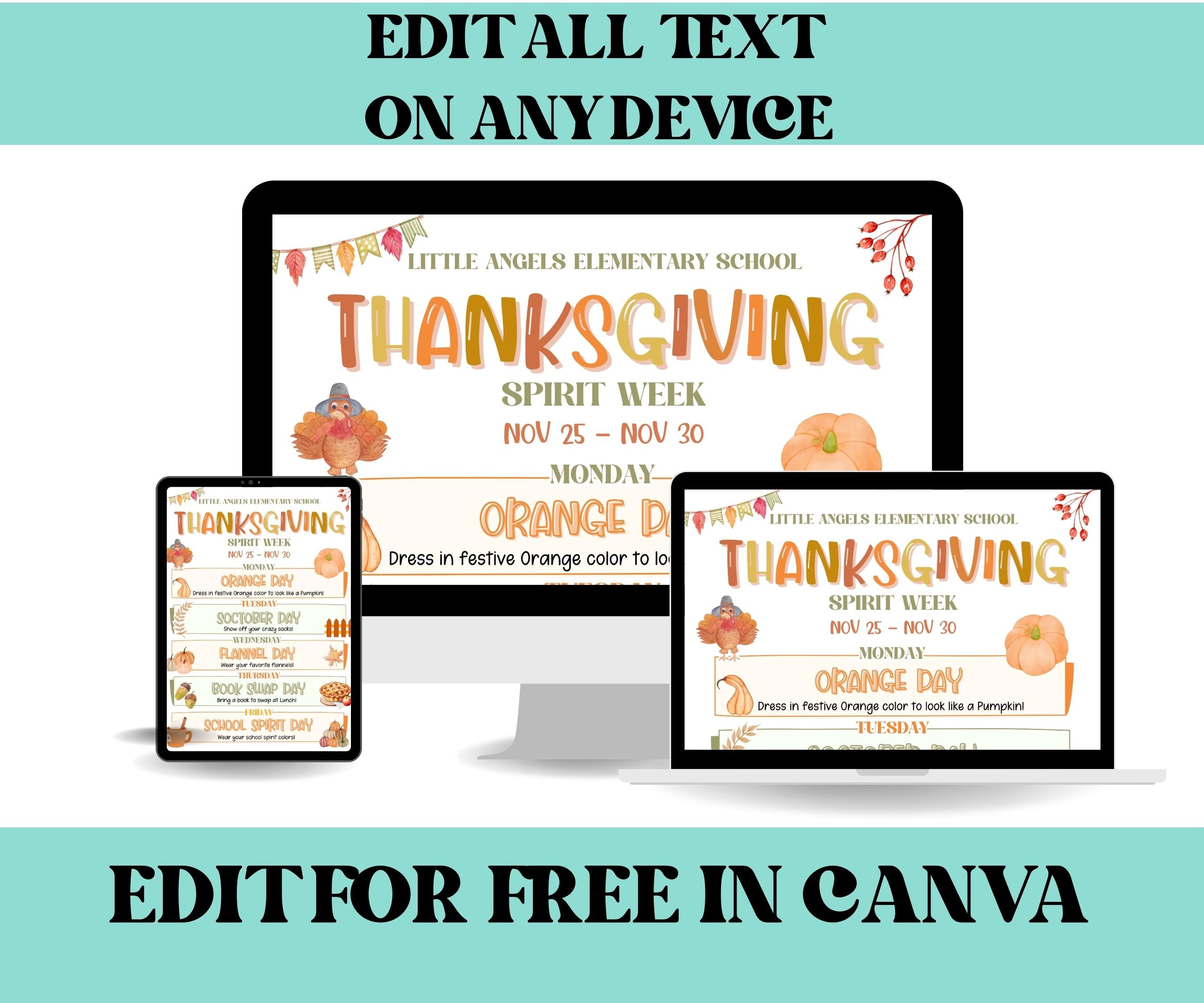 Customizable Thanksgiving School Spirit Week Flyer, PTO Schedule, November Itinerary, Fall PTA, Editable in Canva, Thanksgiving Events-Thanksgiving -TheHustlingCatLady-Party Games