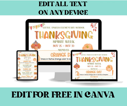 Customizable Thanksgiving School Spirit Week Flyer, PTO Schedule, November Itinerary, Fall PTA, Editable in Canva, Thanksgiving Events-Thanksgiving -TheHustlingCatLady-Party Games