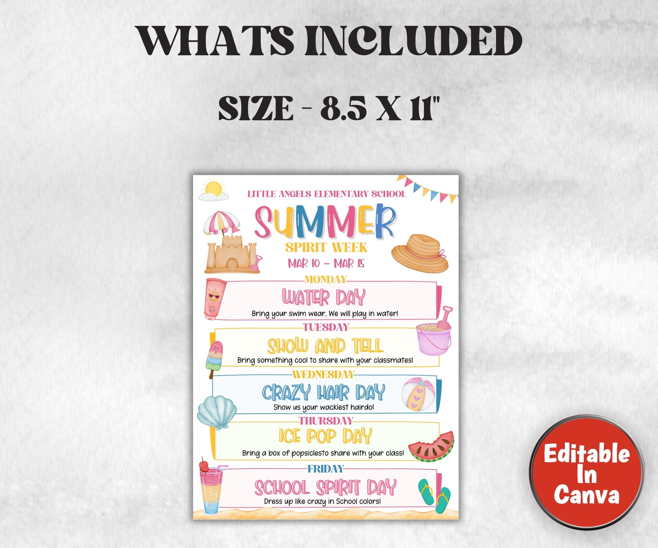 Customizable Summer School Spirit Week Flyer, PTO Schedule, Summer Itinerary, Summer PTA, Editable in Canva, School Summer Newsletter Events-Back To School -TheHustlingCatLady-Party Games