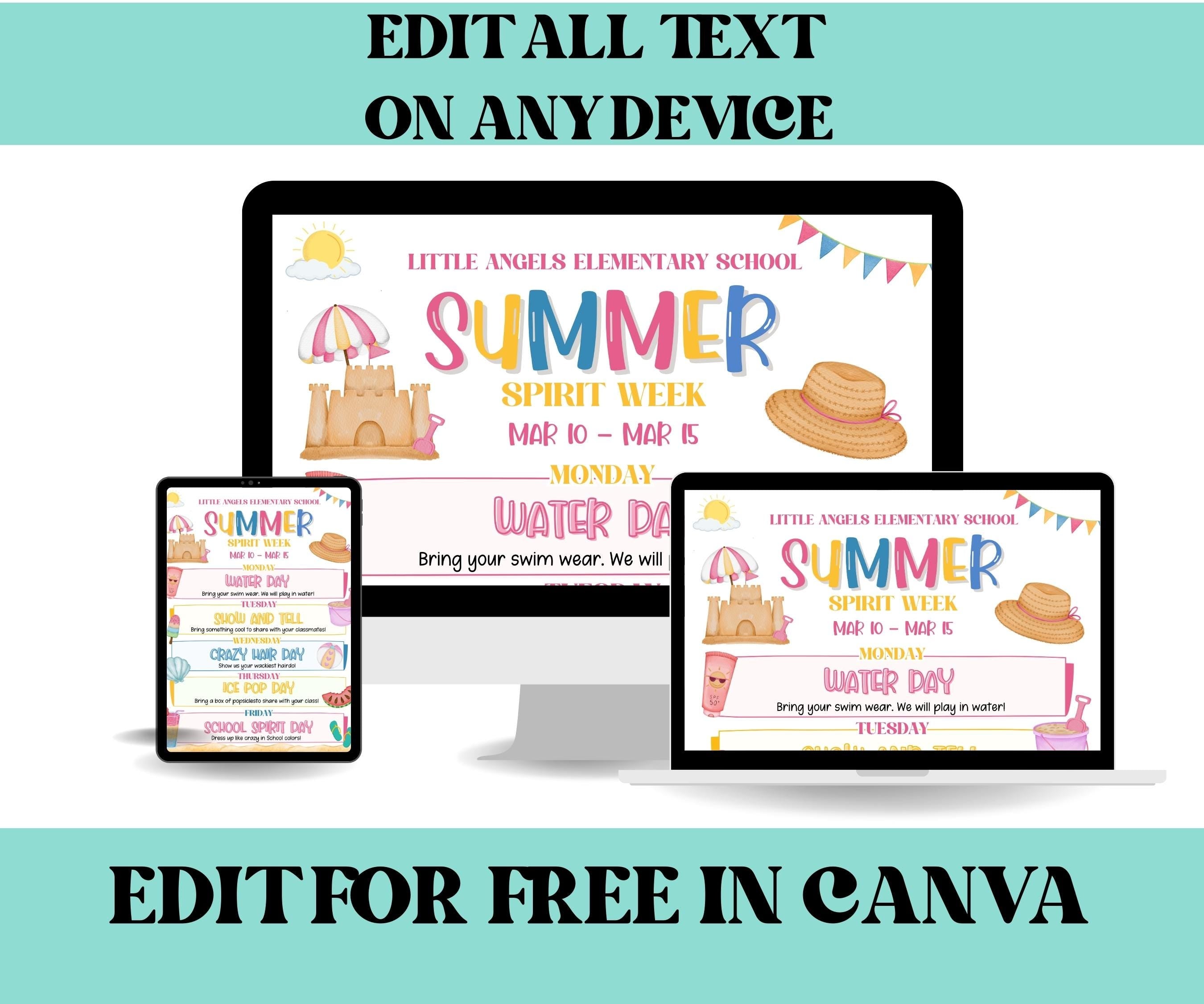 Customizable Summer School Spirit Week Flyer, PTO Schedule, Summer Itinerary, Summer PTA, Editable in Canva, School Summer Newsletter Events-Back To School -TheHustlingCatLady-Party Games