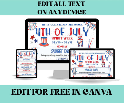 Customizable Independence day School Spirit Week Flyer, PTO Schedule, July Itinerary, July PTA, Editable in Canva, July Events Newsletter-Back To School -TheHustlingCatLady-Party Games