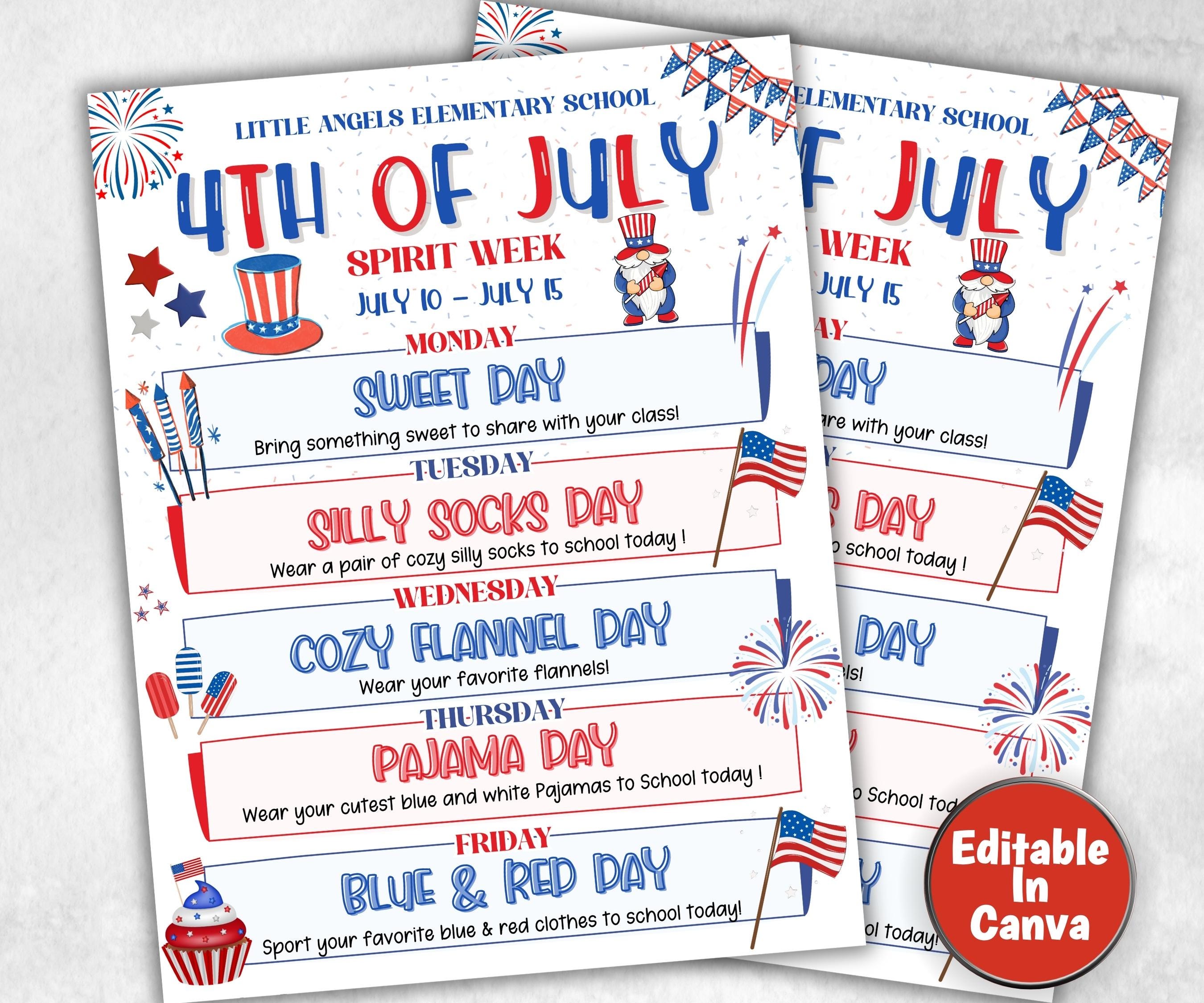 Customizable Independence day School Spirit Week Flyer, PTO Schedule, July Itinerary, July PTA, Editable in Canva, July Events Newsletter-Back To School -TheHustlingCatLady-Party Games