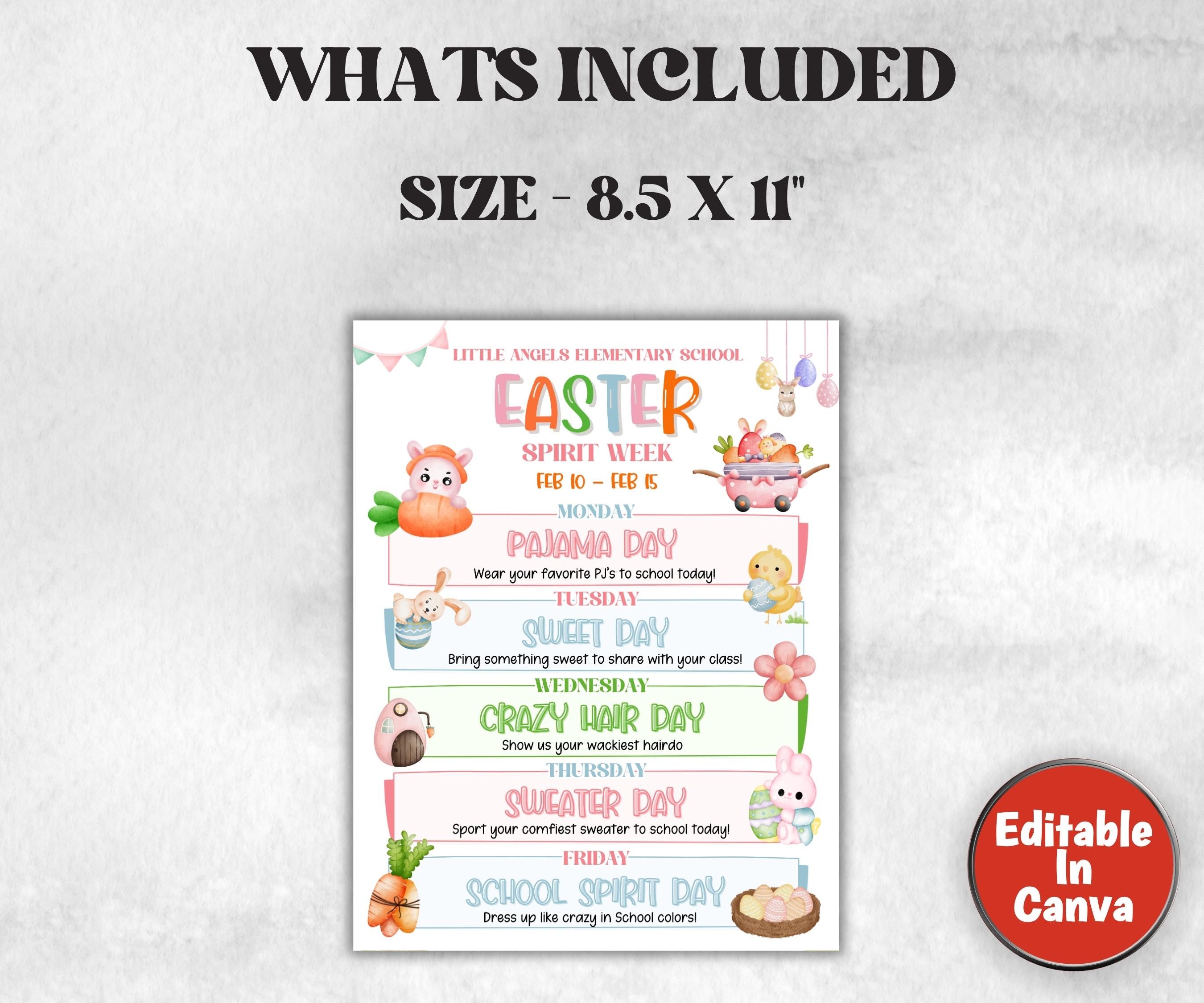 Customizable Easter School Spirit Week Flyer, PTO Schedule, April Easter Itinerary, Easter PTA, Editable in Canva, Easter Newsletter Events-Easter Printables -TheHustlingCatLady-Party Games