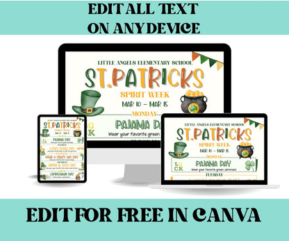 Customizable St.Patricks School Spirit Week Flyer, PTO Schedule, March Itinerary, St. Patty's PTA, Editable in Canva, St.Pattys Newsletter-Back To School -TheHustlingCatLady-Party Games