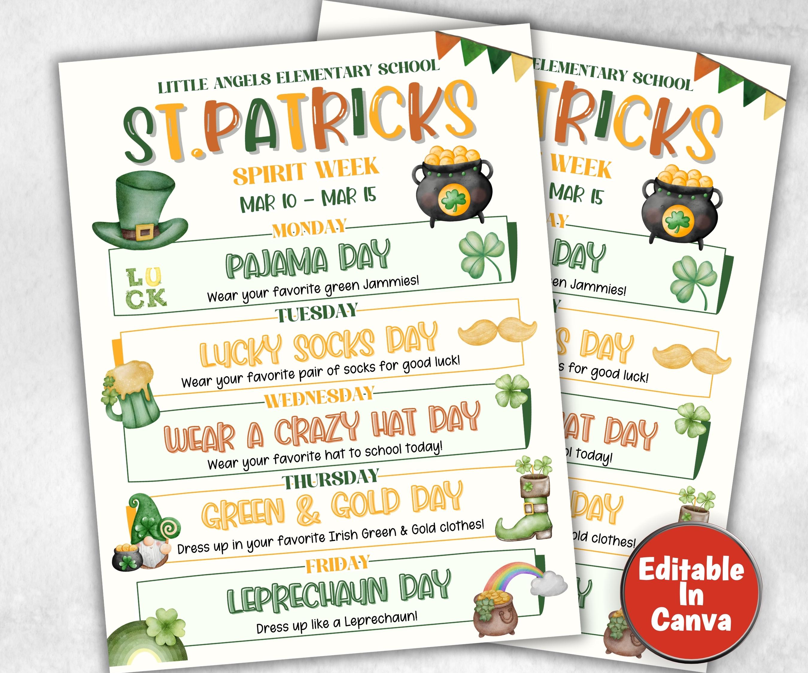 Customizable St.Patricks School Spirit Week Flyer, PTO Schedule, March Itinerary, St. Patty's PTA, Editable in Canva, St.Pattys Newsletter-Back To School -TheHustlingCatLady-Party Games