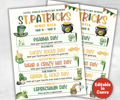 Customizable St.Patricks School Spirit Week Flyer, PTO Schedule, March Itinerary, St. Patty's PTA, Editable in Canva, St.Pattys Newsletter-Back To School -TheHustlingCatLady-Party Games