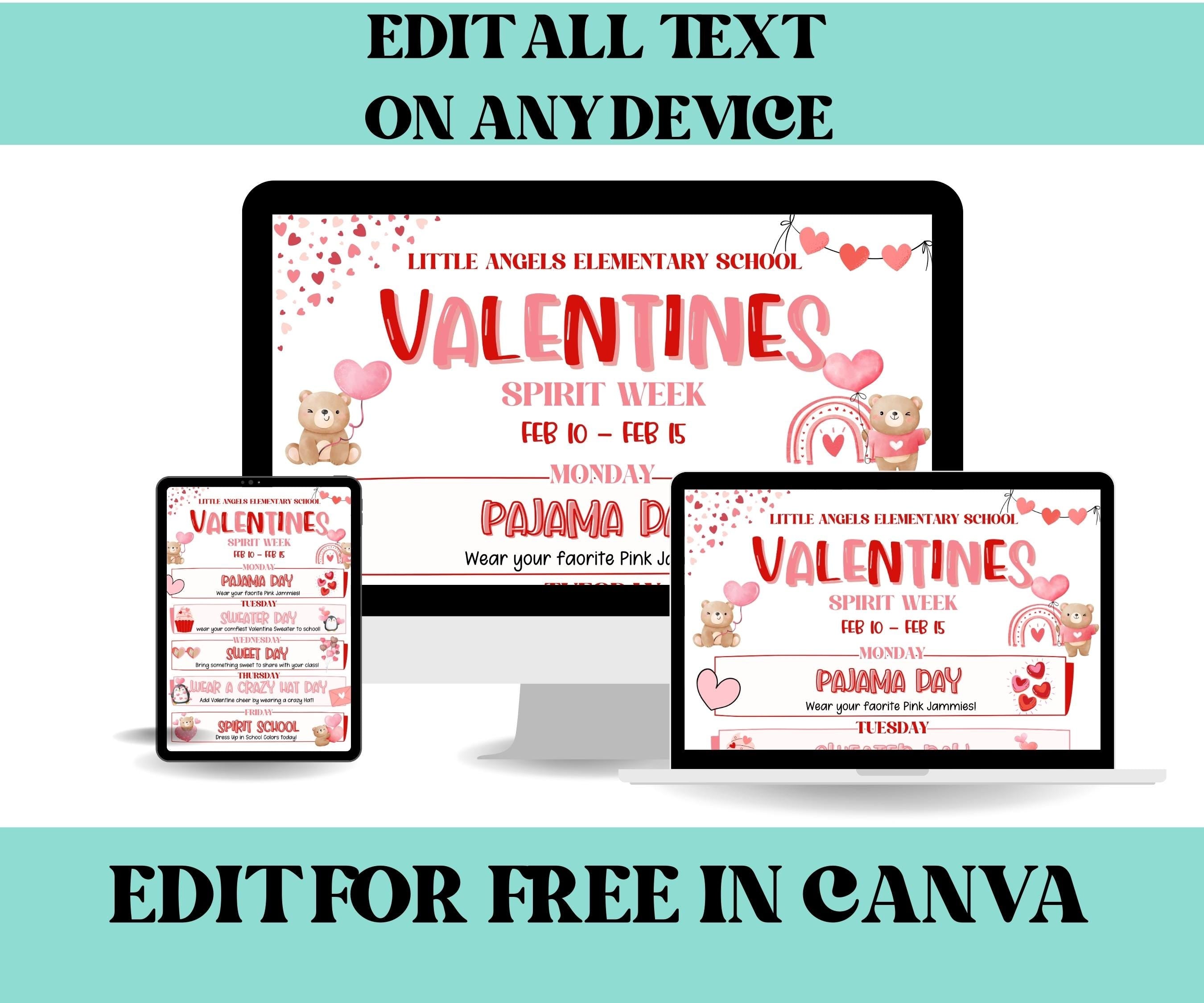 Customizable Valentine's School Spirit Week Flyer, PTO Schedule, February Itinerary, February PTA, Editable in Canva, Newsletter, Events-Valentine&#39;s Day -TheHustlingCatLady-Party Games