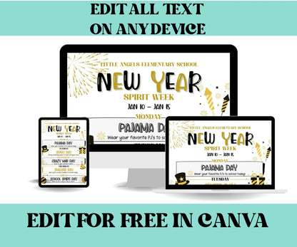 Customizable New Year's School Spirit Week Flyer, PTO Schedule, January Itinerary, NYE PTA, Editable in Canva, New Year's Newsletter, Events-Back To School -TheHustlingCatLady-Party Games