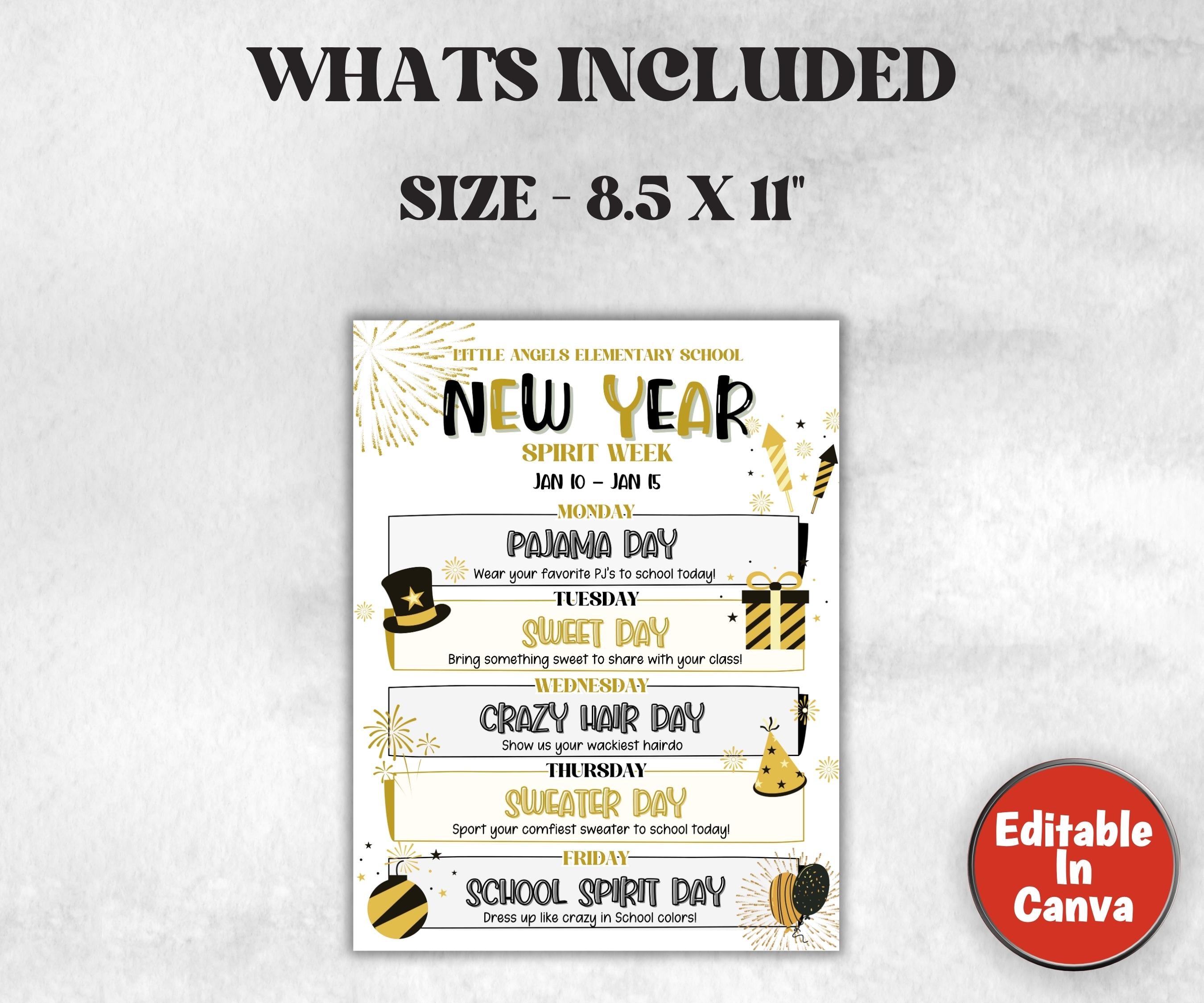 Customizable New Year's School Spirit Week Flyer, PTO Schedule, January Itinerary, NYE PTA, Editable in Canva, New Year's Newsletter, Events-Back To School -TheHustlingCatLady-Party Games