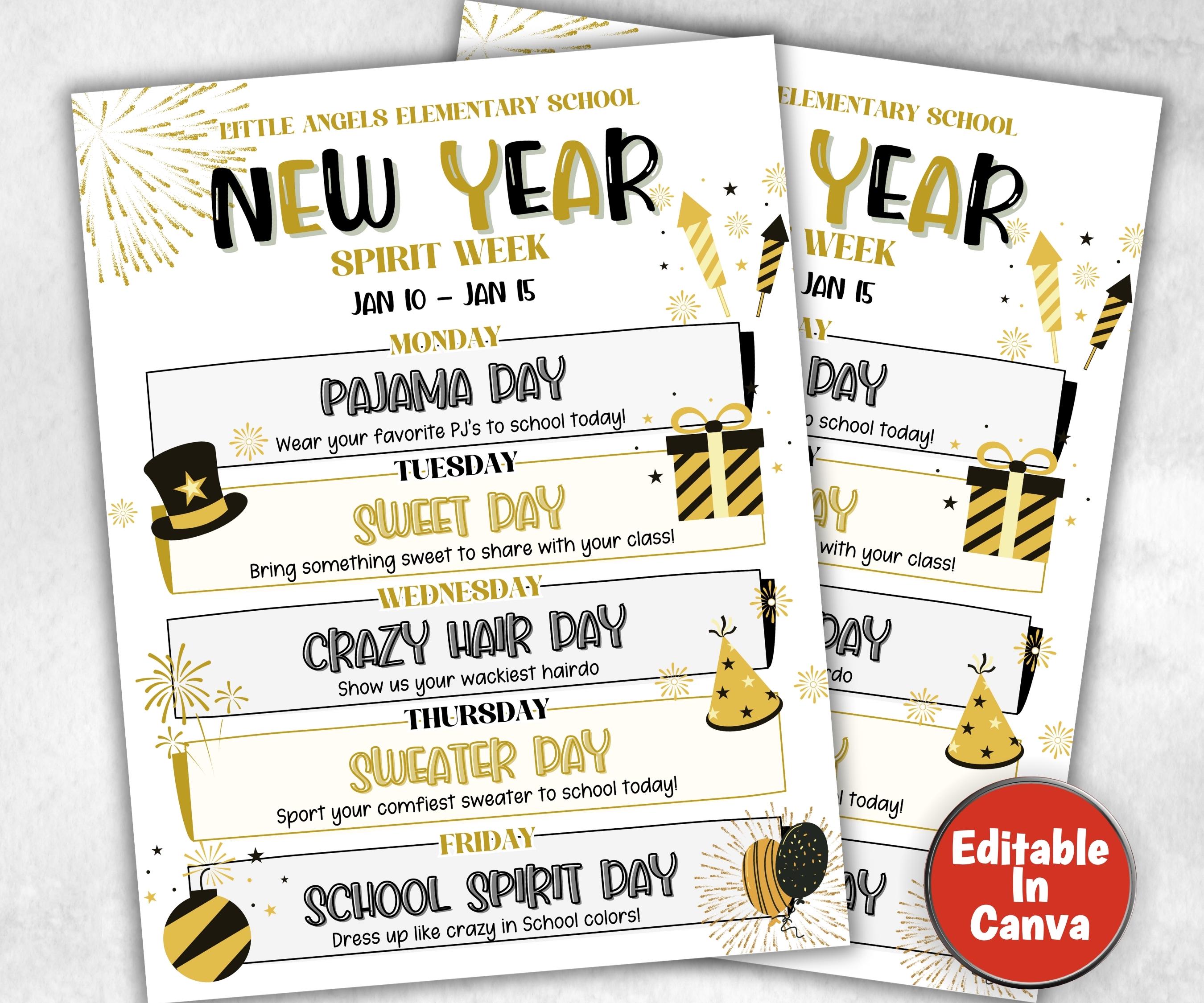 Customizable New Year's School Spirit Week Flyer, PTO Schedule, January Itinerary, NYE PTA, Editable in Canva, New Year's Newsletter, Events-Back To School -TheHustlingCatLady-Party Games