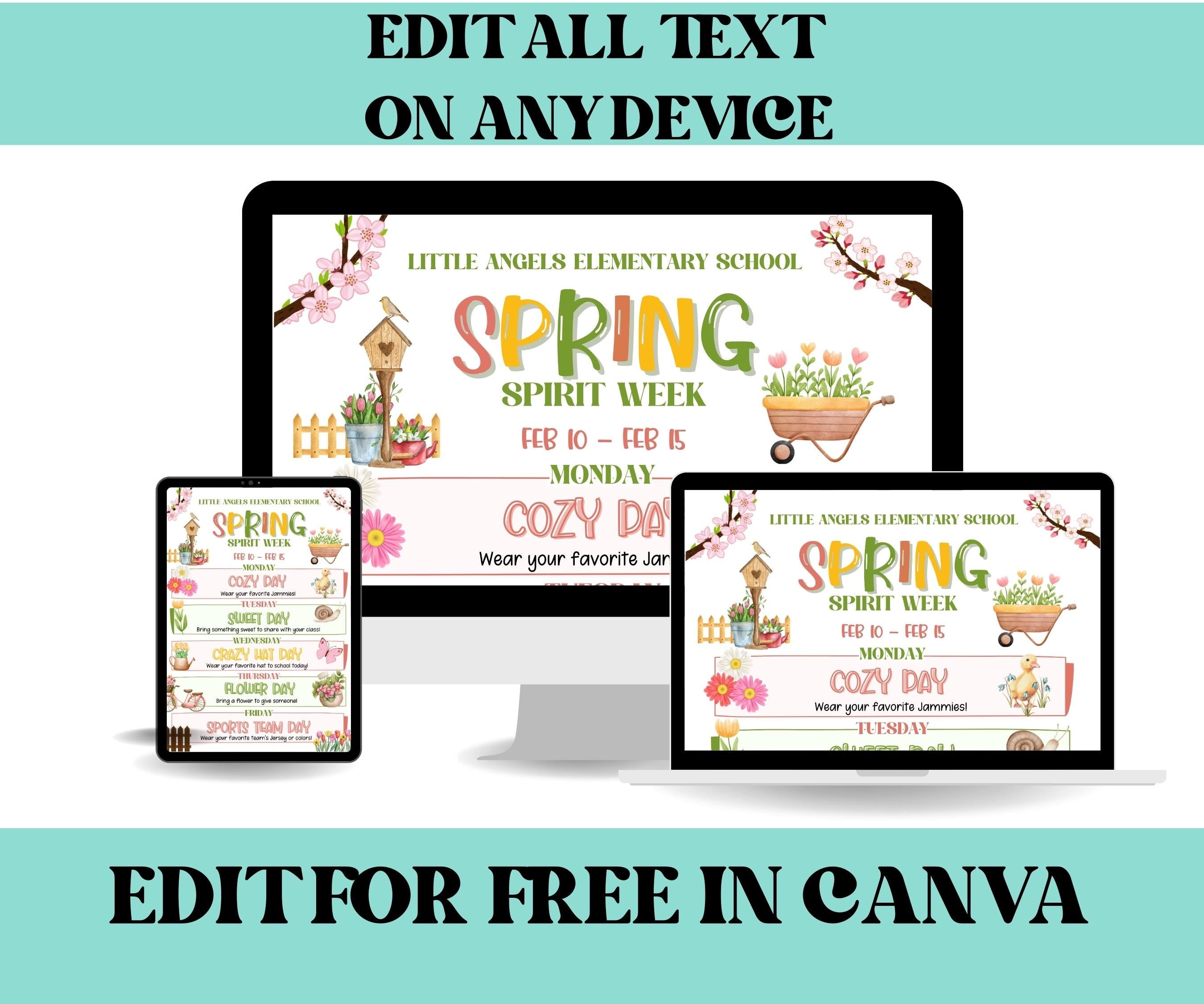 Customizable Spring School Spirit Week Flyer, PTO Schedule, April Itinerary, Spring PTA, Editable in Canva, Spring Newsletter, Events-Back To School -TheHustlingCatLady-Party Games