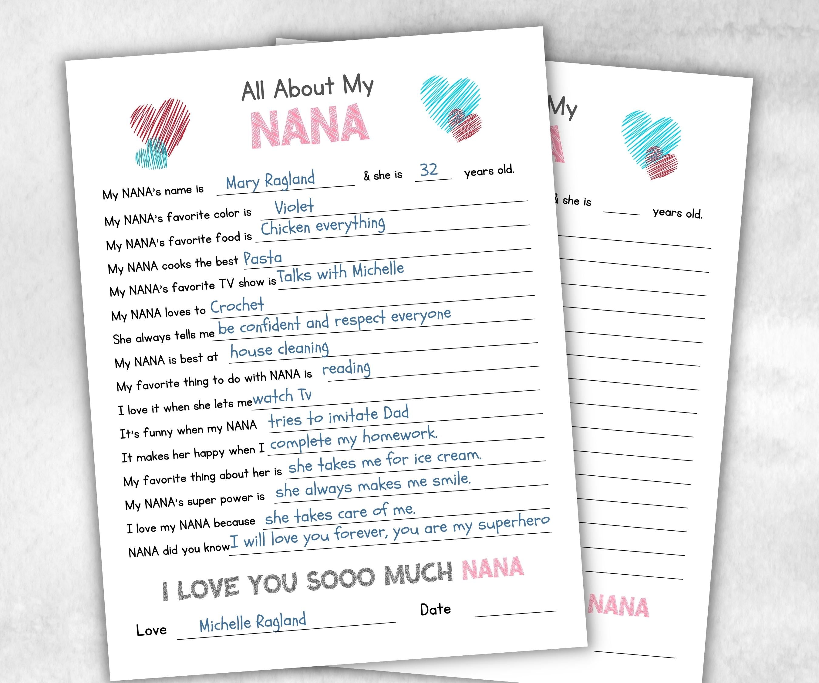 All About My Nana printed Questionnaire, Personalized Gift, Coloring Activity, Fill in the Blanks, Keepsake Printable Gift, Unique Nana Card-Mother&#39;s/Father&#39;sDay -TheHustlingCatLady-Templates