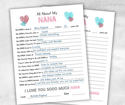 All About My Nana printed Questionnaire, Personalized Gift, Coloring Activity, Fill in the Blanks, Keepsake Printable Gift, Unique Nana Card-Mother&#39;s/Father&#39;sDay -TheHustlingCatLady-Templates