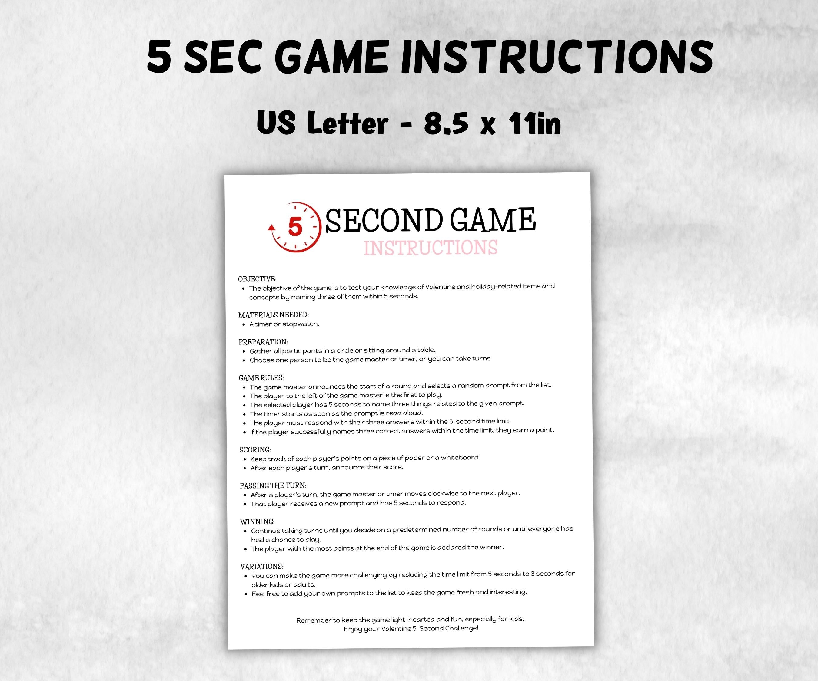 Valentine’s 5 Second Game, Printable Icebreaker, Fun for Couples, Friends, Families, Work Parties, Anniversary, and Date Night Activities-Valentine&#39;s Day -TheHustlingCatLady-Party Games
