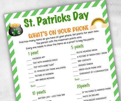 St. Patrick's Day What's On Your Phone Game, Non-Drinking Activity, Office Fun, Icebreaker, Classroom Youth Group Game, Printable Party Idea-St.Patricks Day -TheHustlingCatLady-Party Games