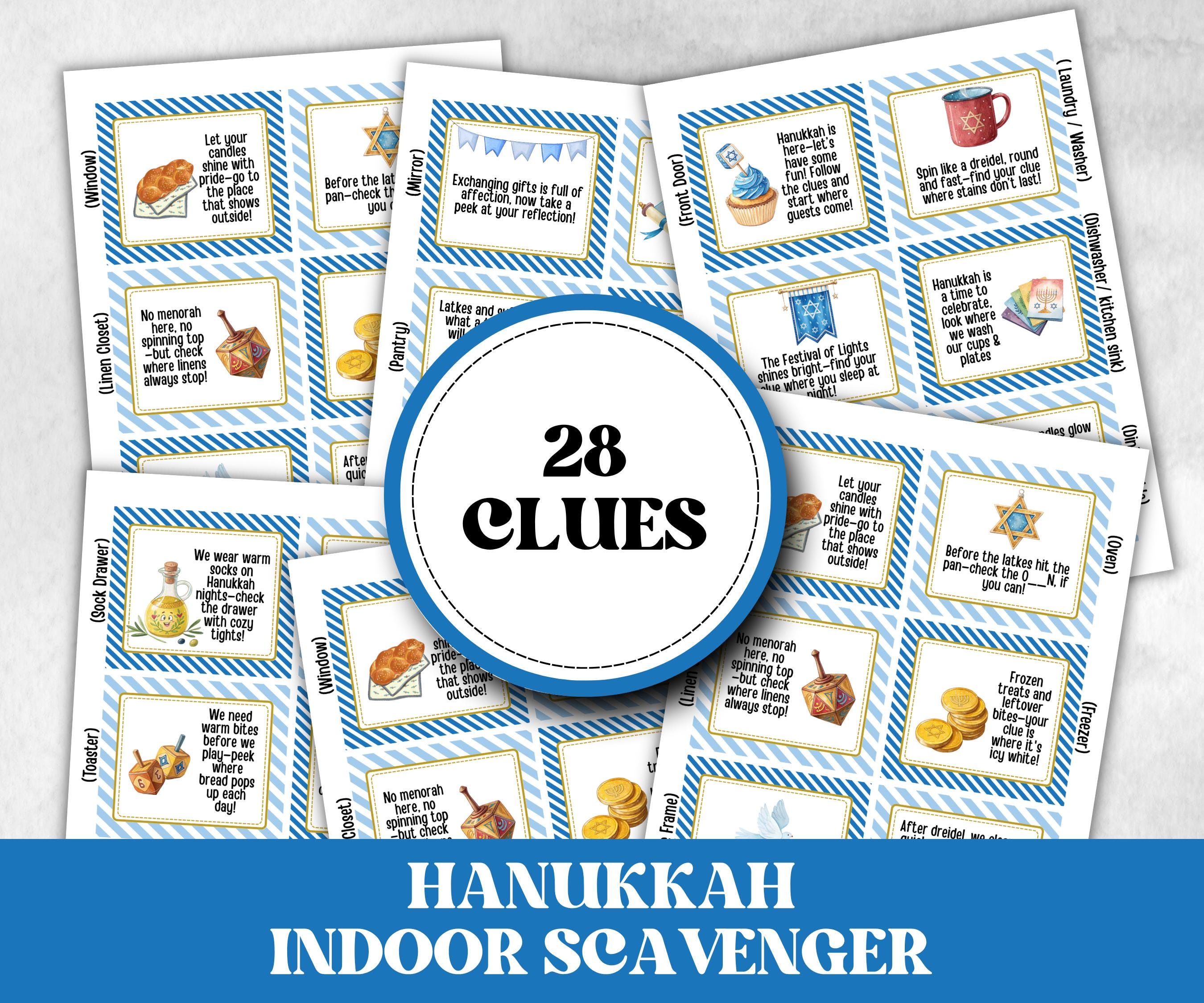 Kids Hanukkah Indoor Scavenger Hunt, Treasure Scavenger Rhyming Clues, Hanukkah Printable Activity, Jewish Holiday Game, Holiday Kids Game-Sports Printables -TheHustlingCatLady-Party Games