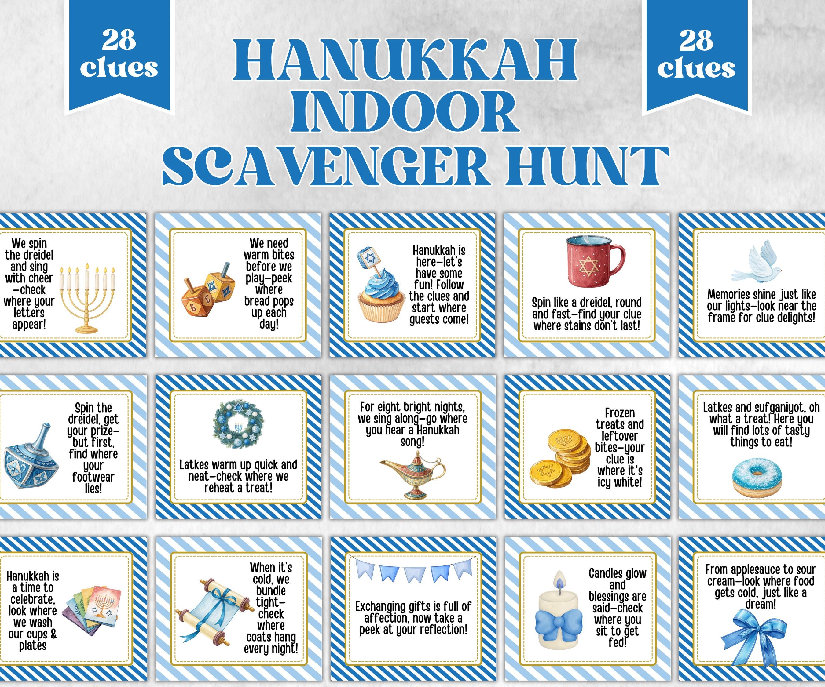 Kids Hanukkah Indoor Scavenger Hunt, Treasure Scavenger Rhyming Clues, Hanukkah Printable Activity, Jewish Holiday Game, Holiday Kids Game-Sports Printables -TheHustlingCatLady-Party Games