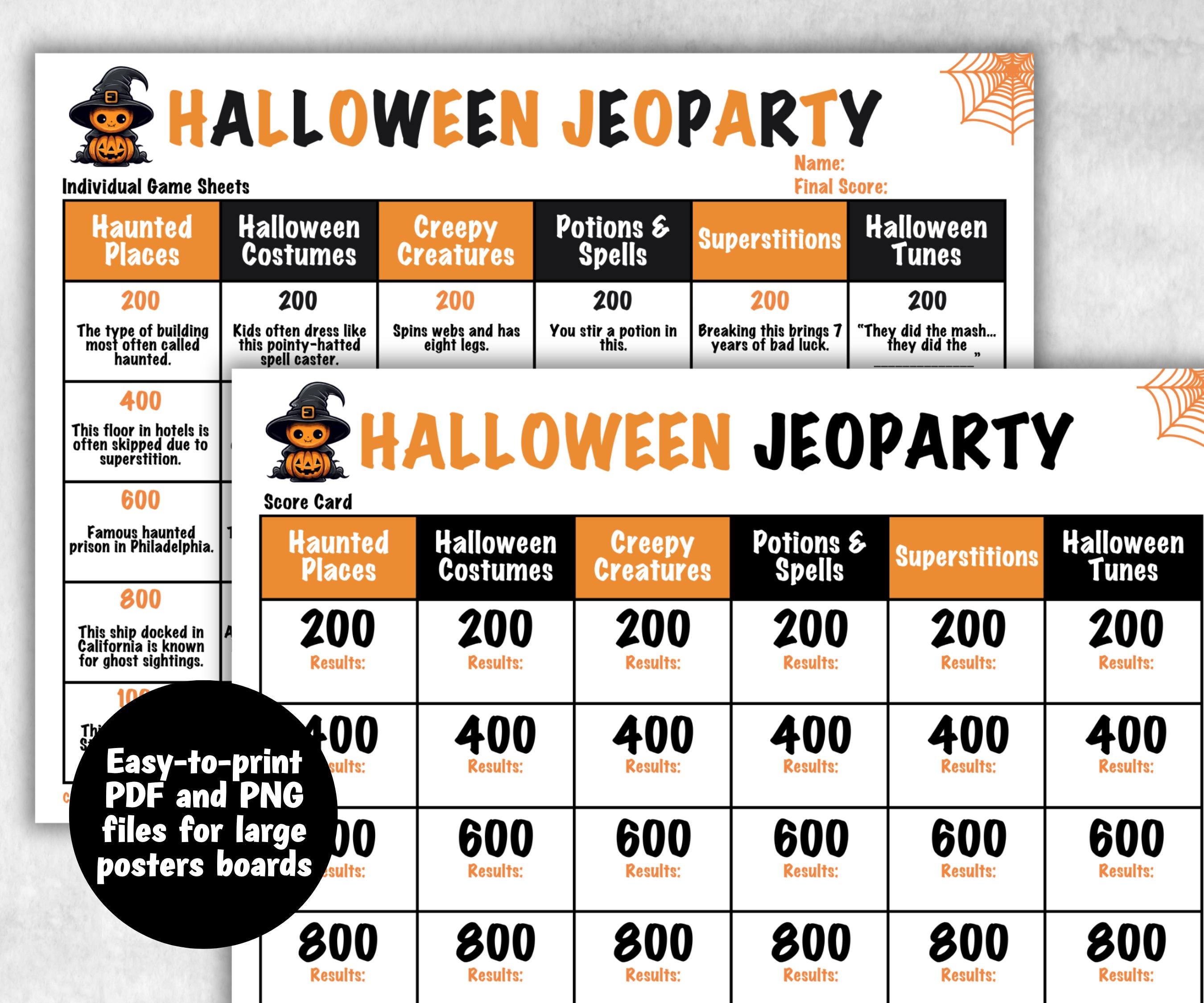 Halloween Trivia Party, Printable Adult & Teen Activity, Halloween Jeopardy Quiz, Group Game Show, Fall Party activity, Zoom Family Feud-Halloween Printables -TheHustlingCatLady-Party Games