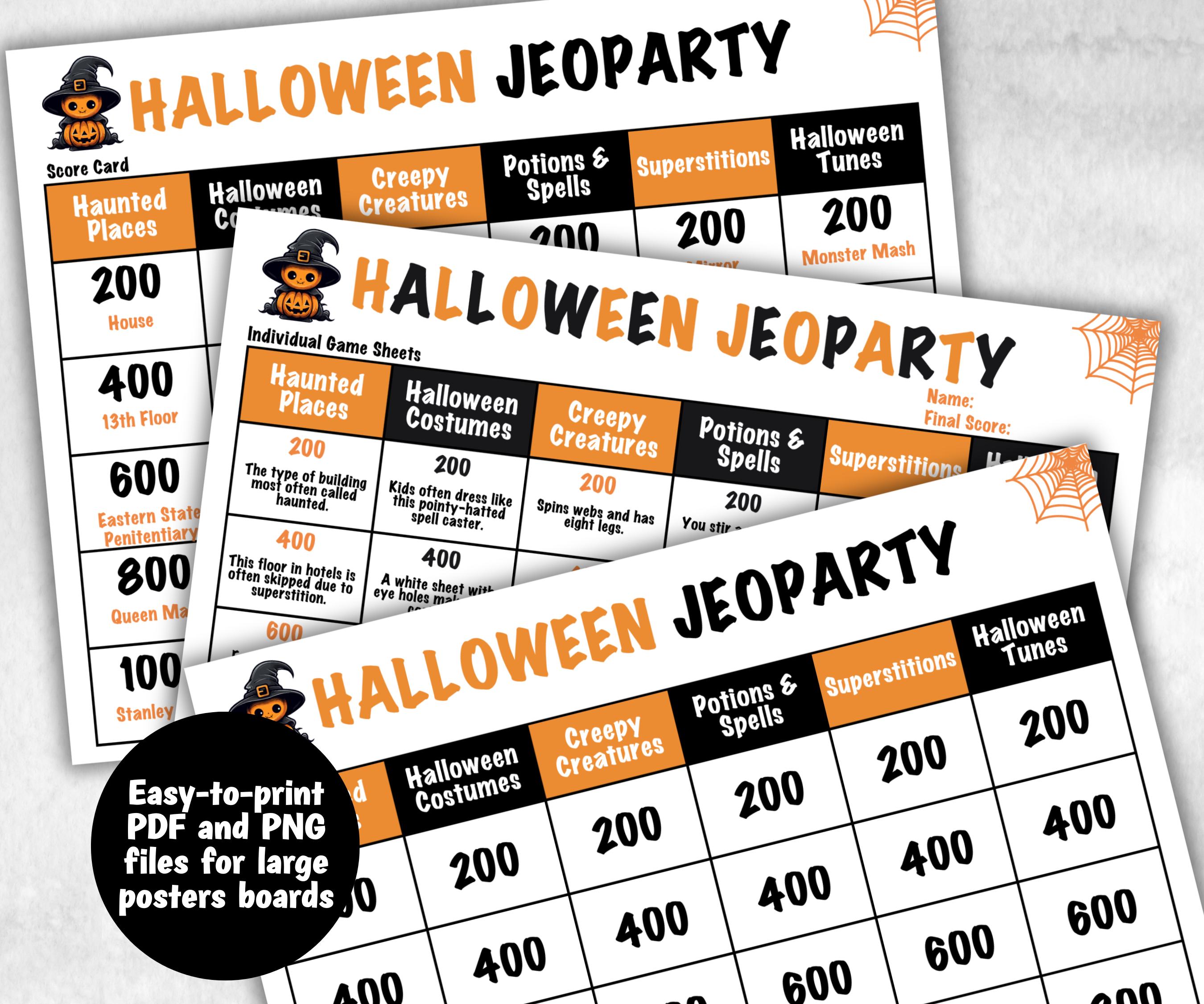 Halloween Trivia Party, Printable Adult & Teen Activity, Halloween Jeopardy Quiz, Group Game Show, Fall Party activity, Zoom Family Feud-Halloween Printables -TheHustlingCatLady-Party Games