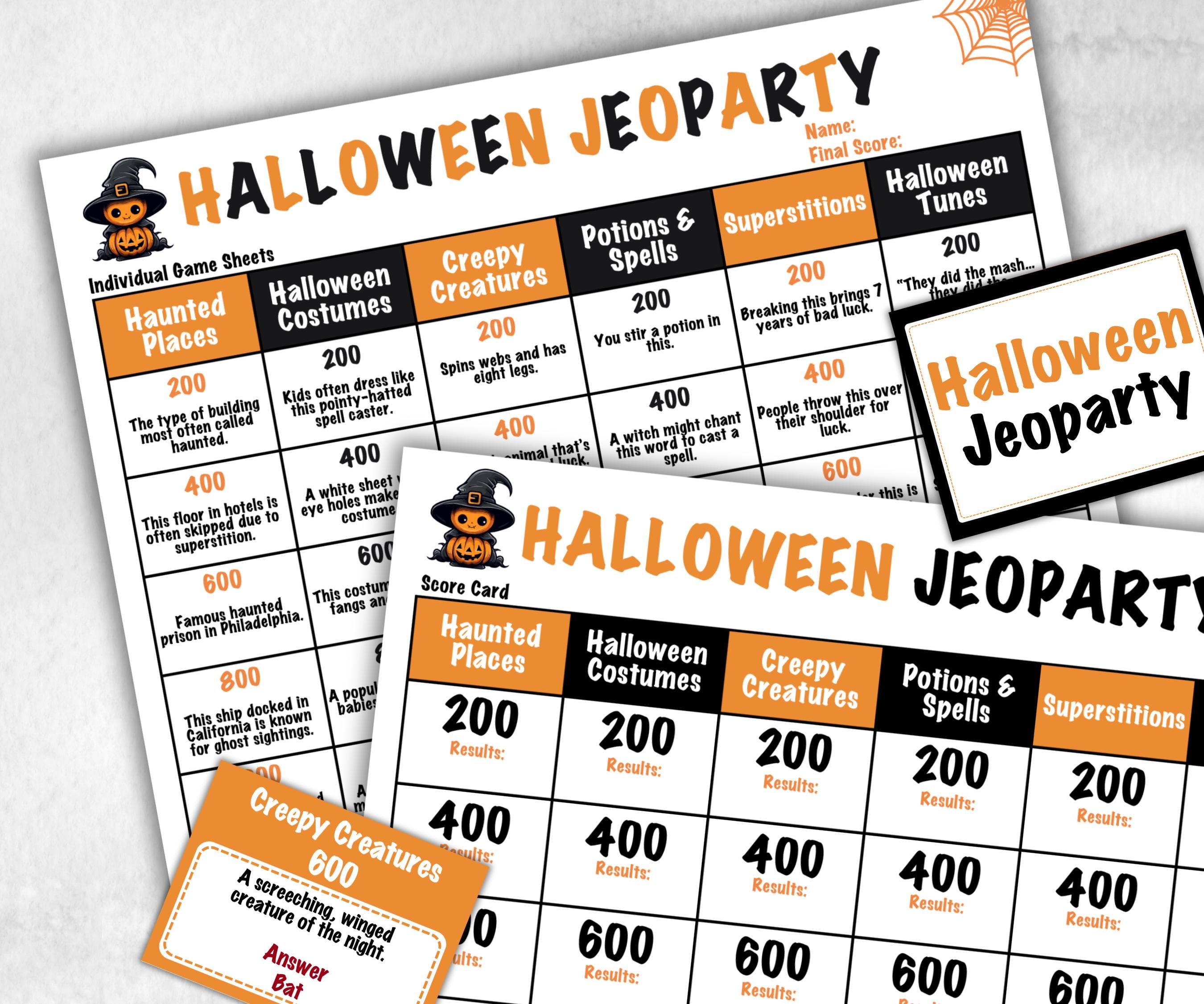 Halloween Trivia Party, Printable Adult & Teen Activity, Halloween Jeopardy Quiz, Group Game Show, Fall Party activity, Zoom Family Feud-Halloween Printables -TheHustlingCatLady-Party Games