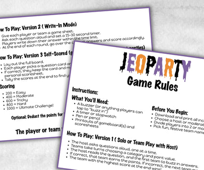Halloween Jeoparty Trivia Party, Printable Adult & Teen Activity, Halloween Quiz, Group Game Show, Fall Party activity, Zoom Family Feud-Halloween Printables -TheHustlingCatLady-Party Games