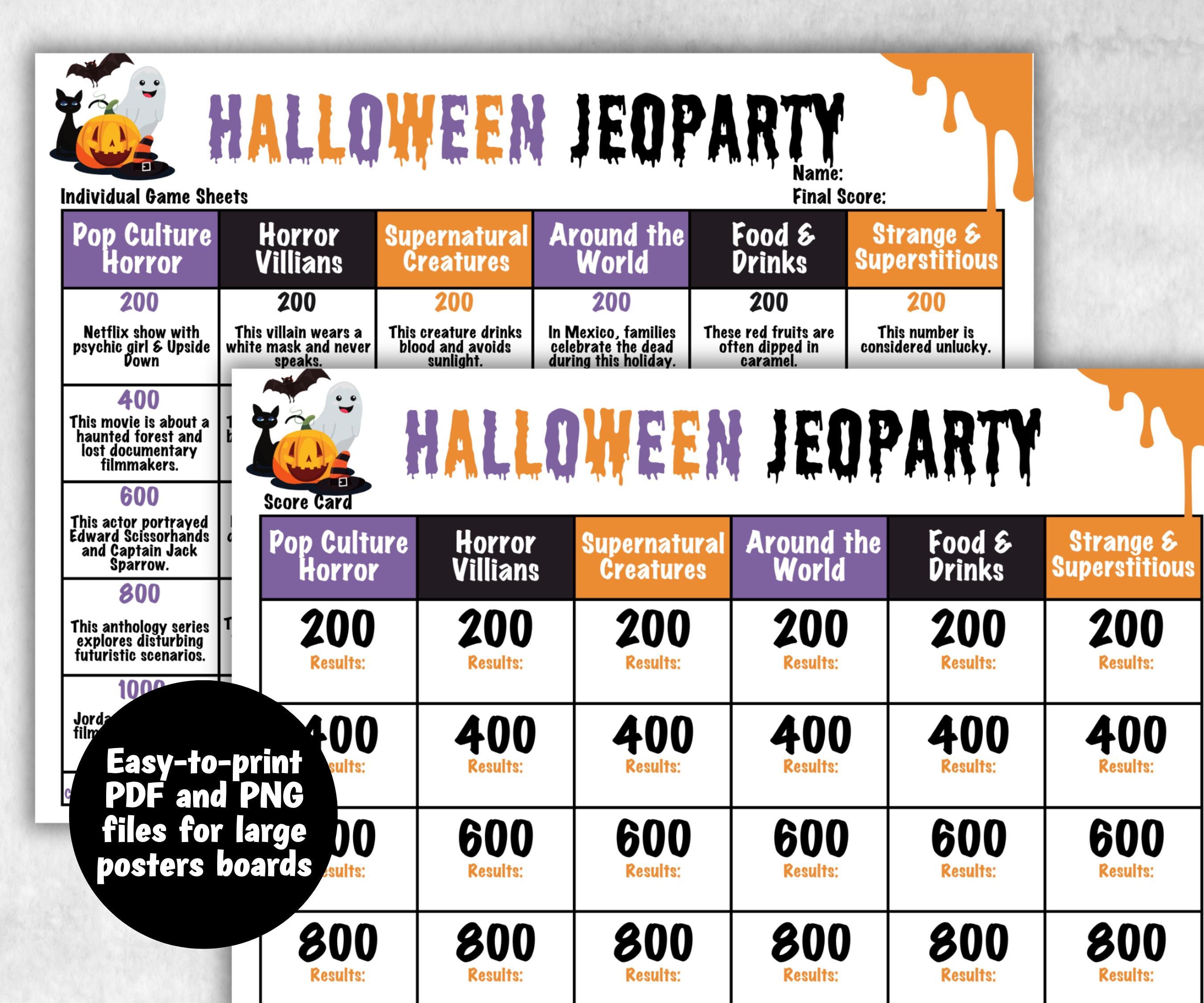 Halloween Jeoparty Trivia Party, Printable Adult & Teen Activity, Halloween Quiz, Group Game Show, Fall Party activity, Zoom Family Feud-Halloween Printables -TheHustlingCatLady-Party Games