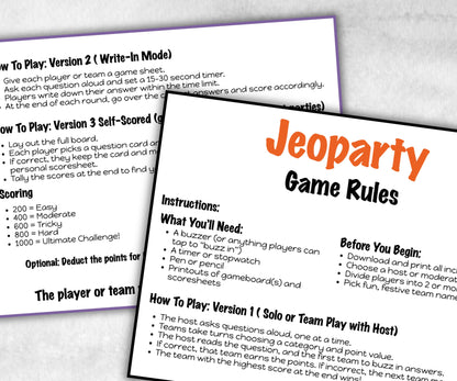 Halloween Adult Jeoparty Trivia Party, Printable Teen Activity, Halloween Quiz, Group Game Show, Fall Party activity, Zoom Family Feud-Halloween Printables -TheHustlingCatLady-Party Games