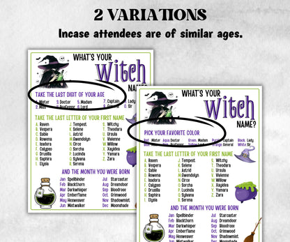 Whats Your Witch Name Game, Kids Halloween Wicked theme party, Witch Name Game Birthday Party, Witch Party Game, Magic Potion, Witch Night-Halloween Printables -TheHustlingCatLady-Party Games
