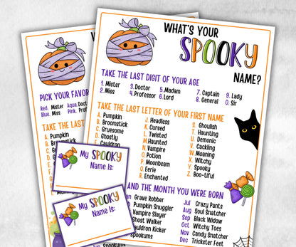 Whats Your Spooky Name Game, Kids Halloween Spooky theme party, Spooky Name Game Birthday Party, Spooky Party Game, Halloween name Game card-Halloween Printables -TheHustlingCatLady-Party Games