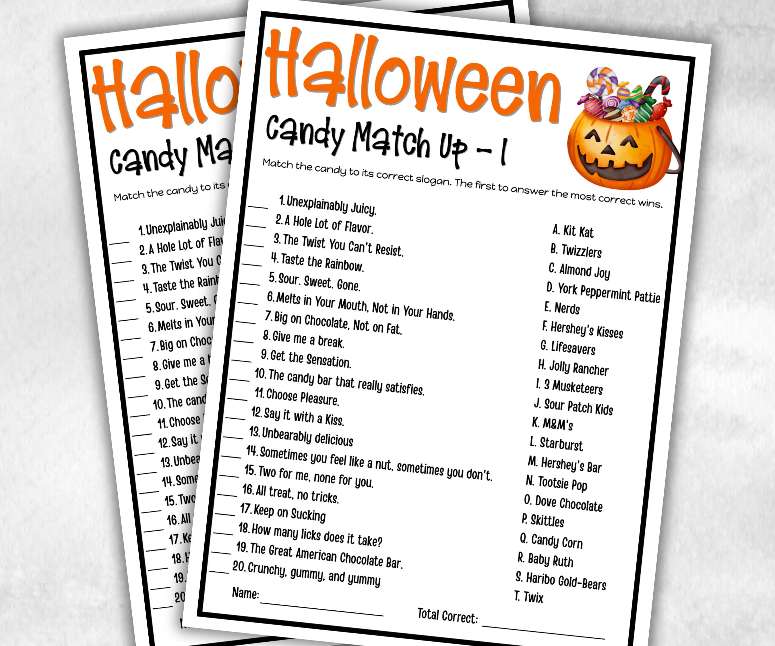 Halloween Candy match Party Game, Candy Trivia Activity, Teen kid, Adult Halloween, Baby Shower Game, Office Party, Family Game Night-Halloween Printables -TheHustlingCatLady-Party Games