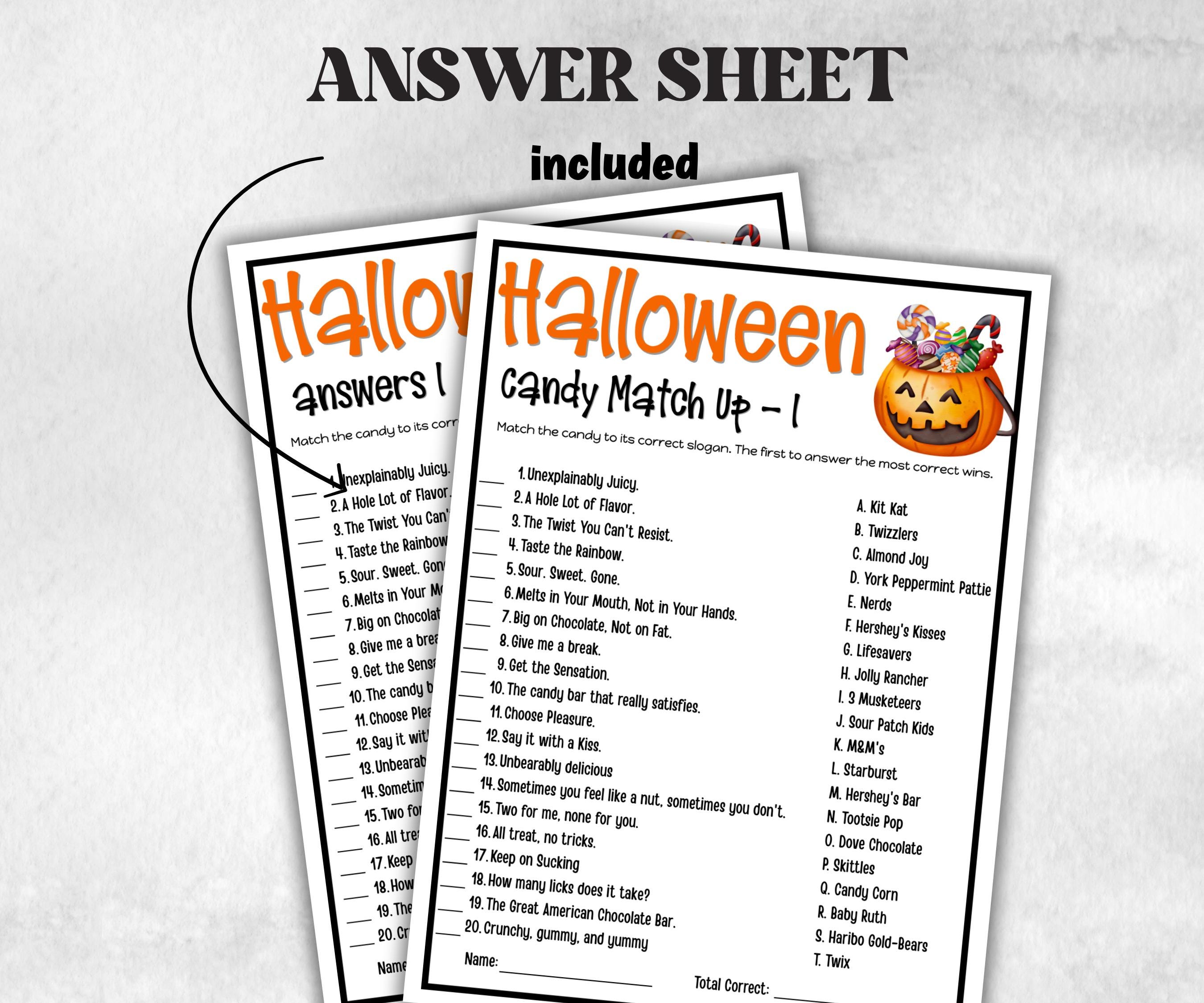 Halloween Candy match Party Game, Candy Trivia Activity, Teen kid, Adult Halloween, Baby Shower Game, Office Party, Family Game Night-Halloween Printables -TheHustlingCatLady-Party Games