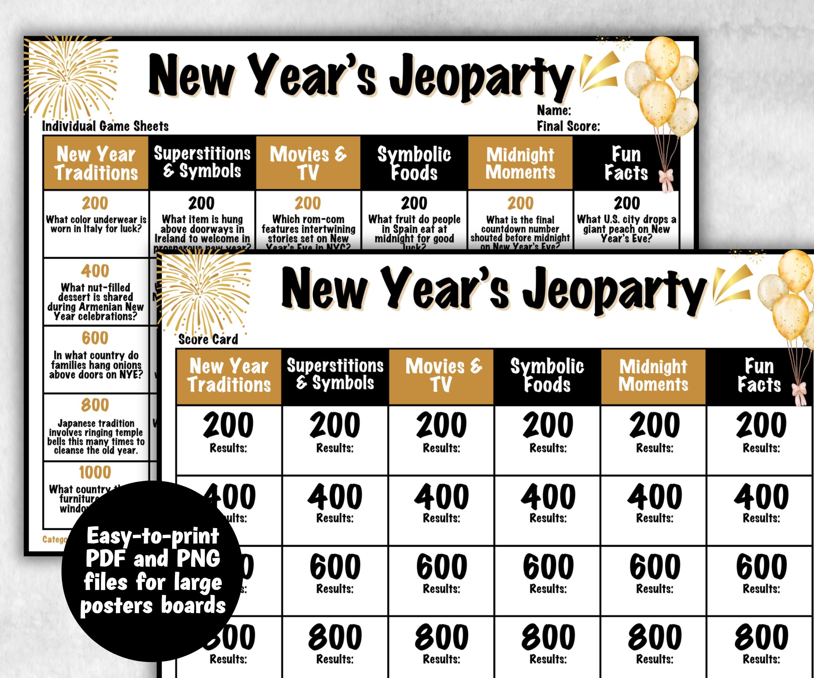 New Years Trivia Jeopardy, NYE Party, Printable Adult Teen Activity, New Year Quiz, Group Game Show, Winter Party activity, Zoom Family Feud-New Year&#39;s -TheHustlingCatLady-Party Games